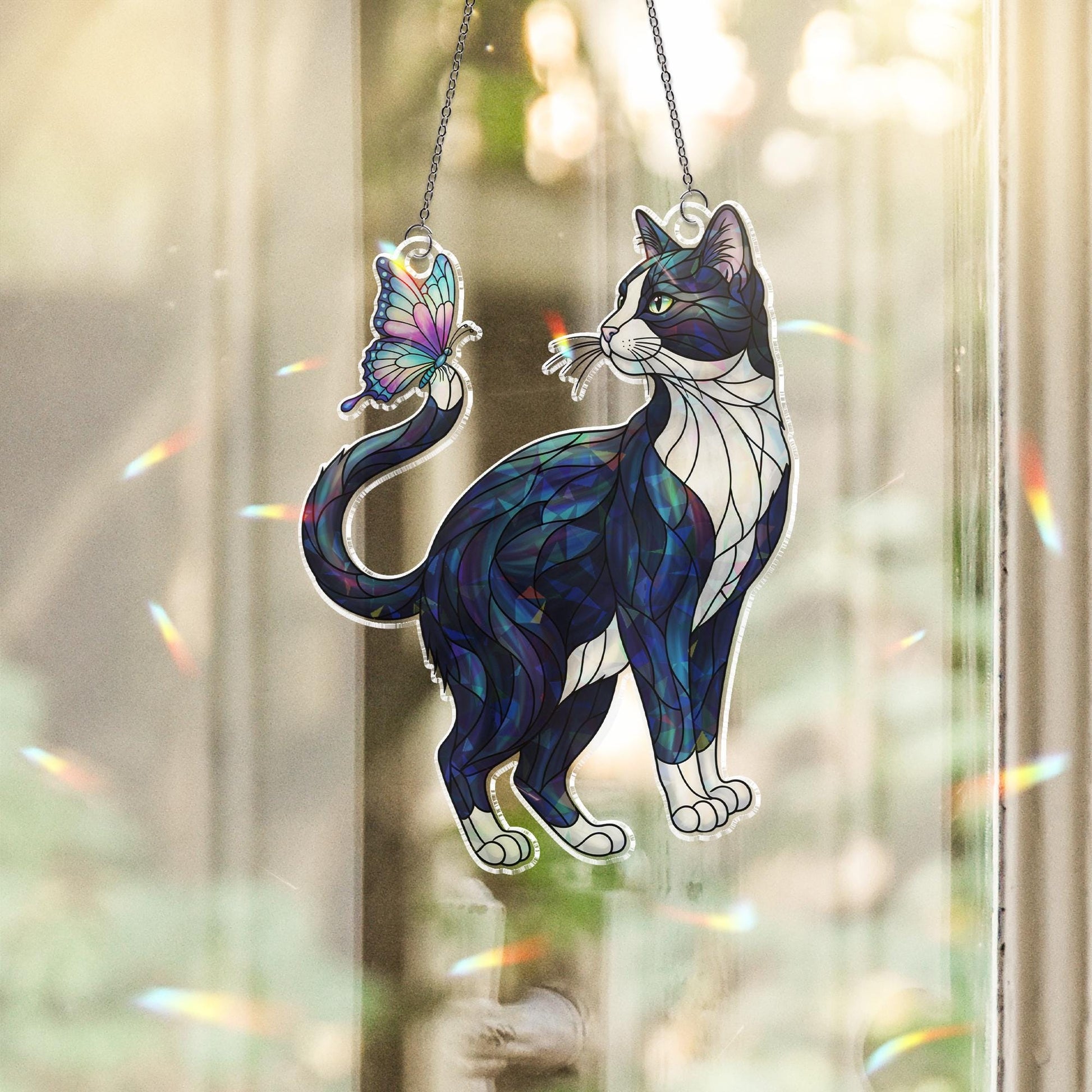 Tuxedo Cat and Butterfly Suncatcher – Holographic Stained Glass Window Hanging, Whimsical Kitty Decor, Cat Lover Gift for Home or Garden