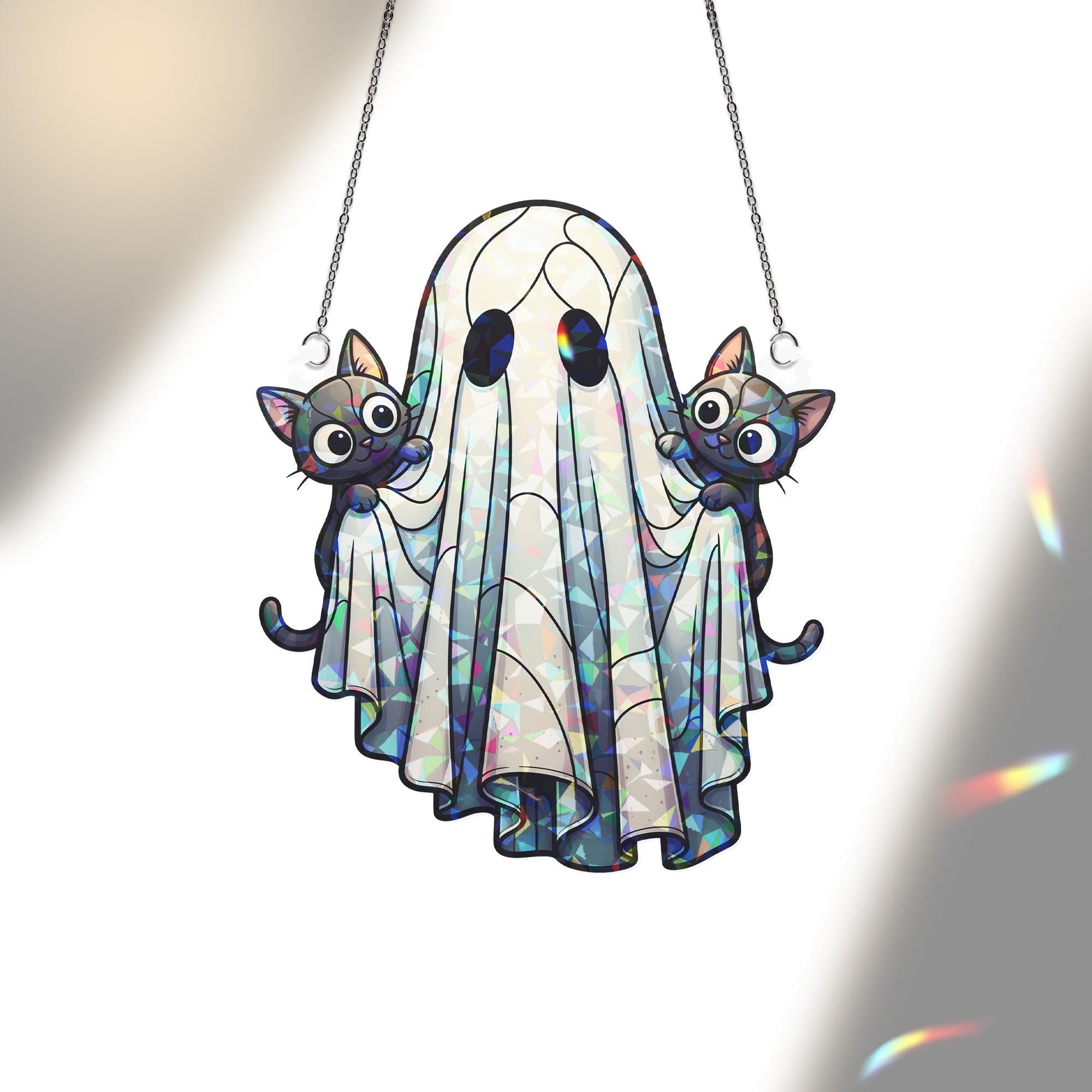Ghost and Kittens Holographic Suncatcher – Cute Halloween Window Hanging, Spooky Cat Lover Decor, Stained Glass Style Fall Ornament