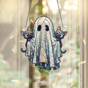 Ghost and Kittens Holographic Suncatcher – Cute Halloween Window Hanging, Spooky Cat Lover Decor, Stained Glass Style Fall Ornament