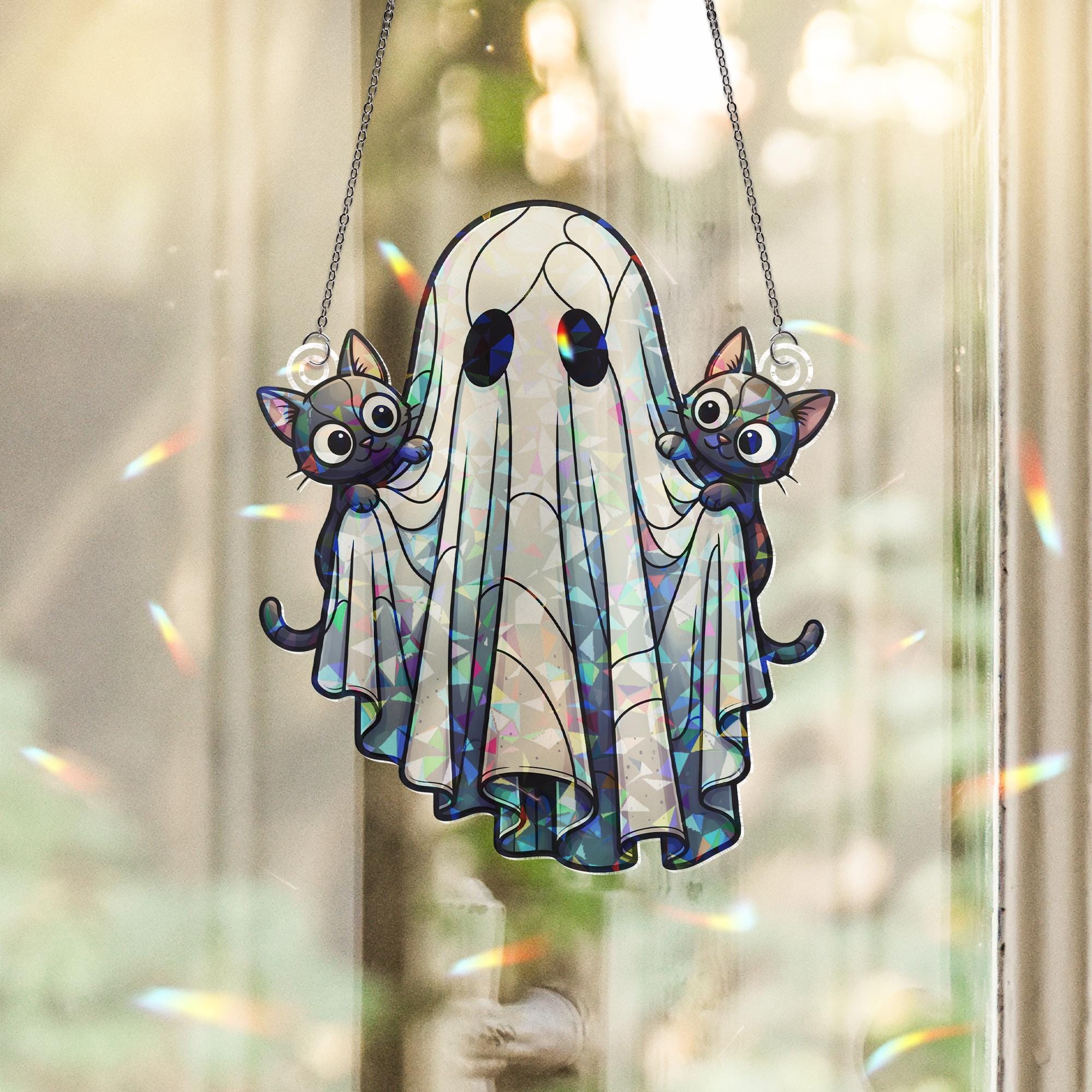 Ghost and Kittens Holographic Suncatcher – Cute Halloween Window Hanging, Spooky Cat Lover Decor, Stained Glass Style Fall Ornament