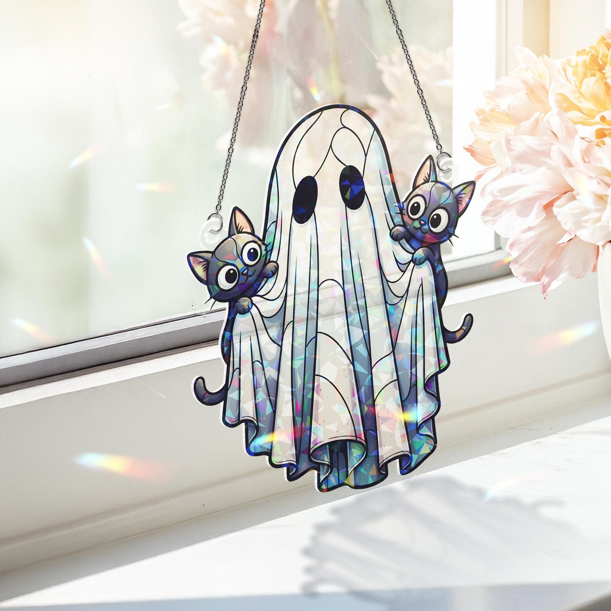 Ghost and Kittens Holographic Suncatcher – Cute Halloween Window Hanging, Spooky Cat Lover Decor, Stained Glass Style Fall Ornament