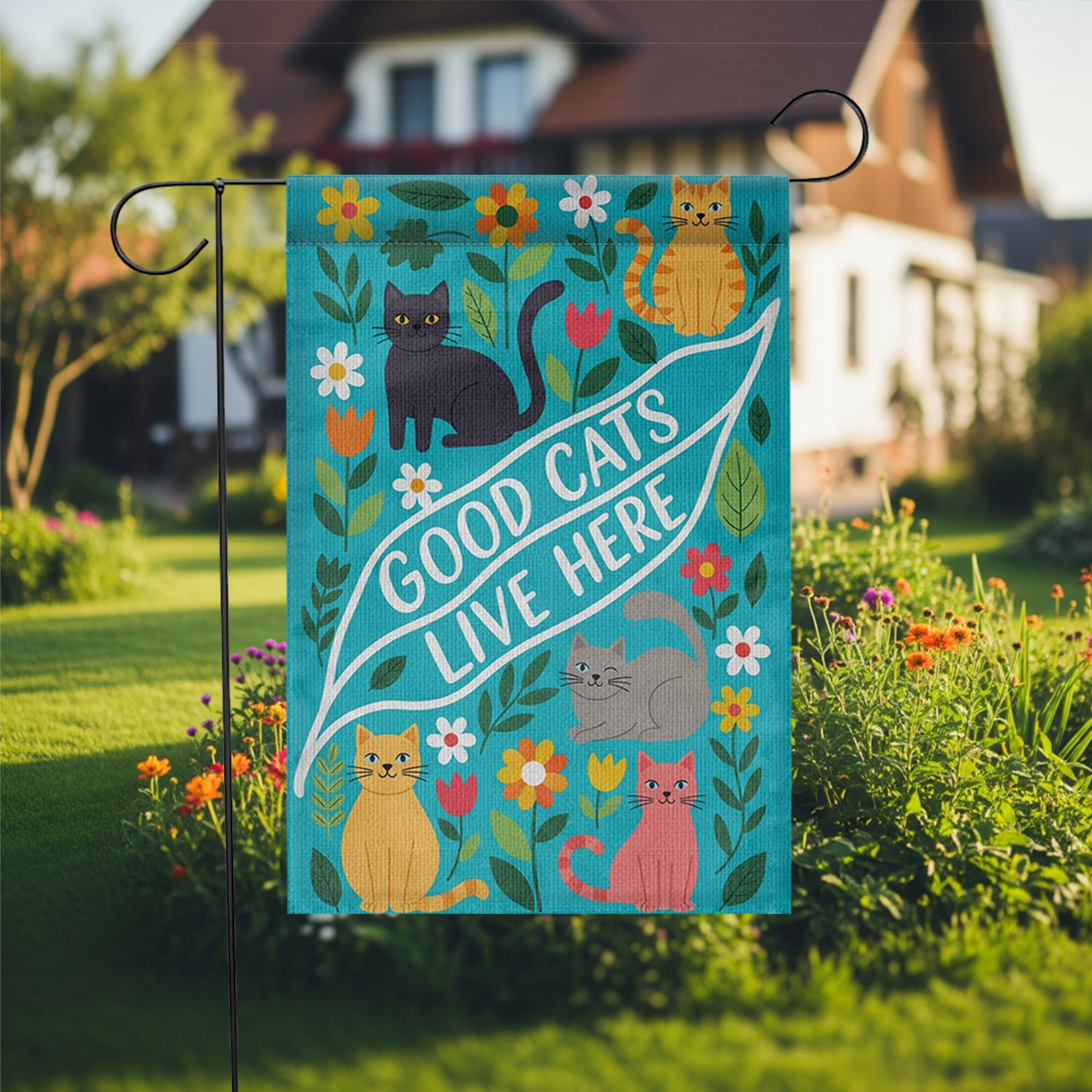 Good Cats Live Here Garden Flag – Colorful Outdoor Cat Decor for Yard or Porch, Cute Pet Lover House Flag with Flowers and Feline Friends