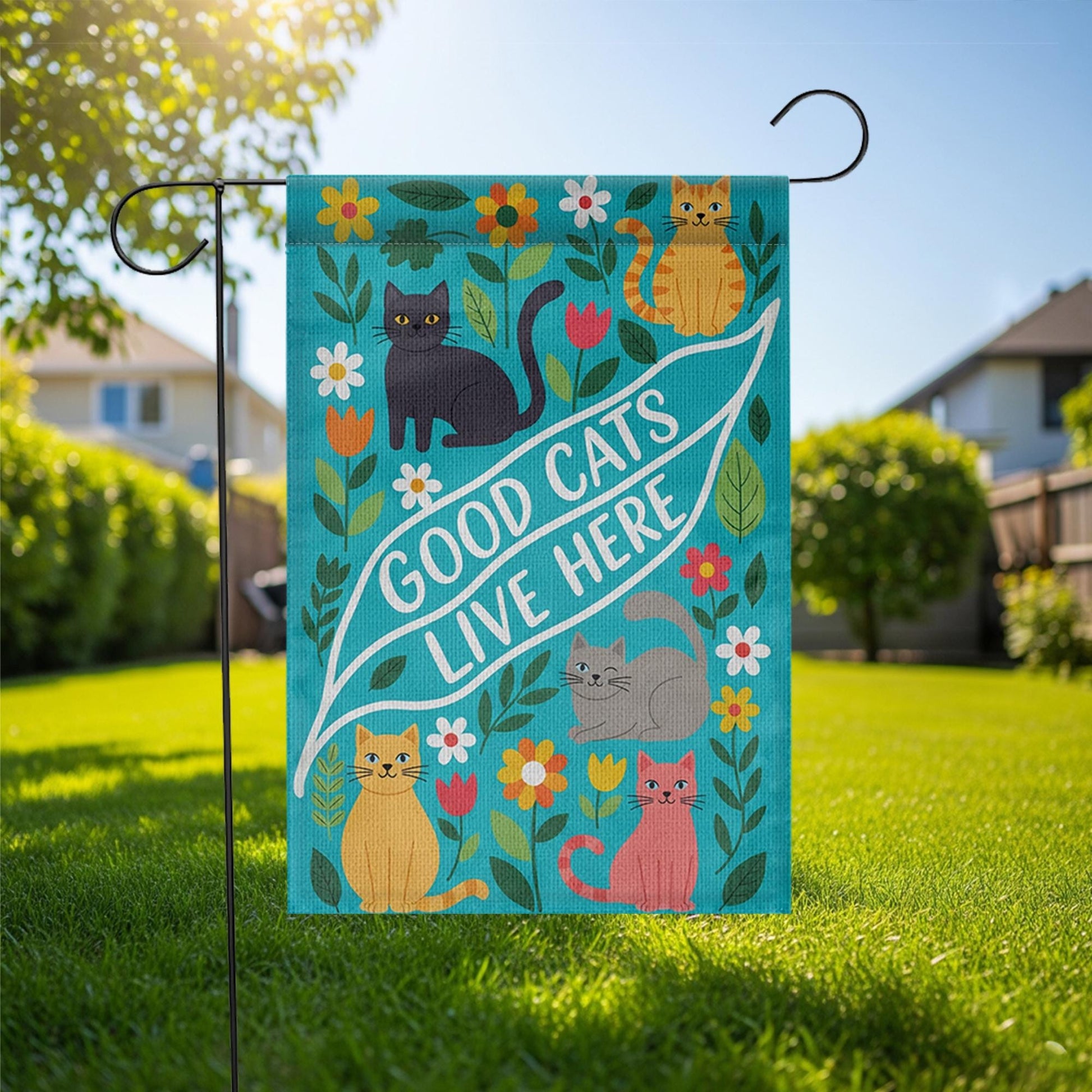 Good Cats Live Here Garden Flag – Colorful Outdoor Cat Decor for Yard or Porch, Cute Pet Lover House Flag with Flowers and Feline Friends