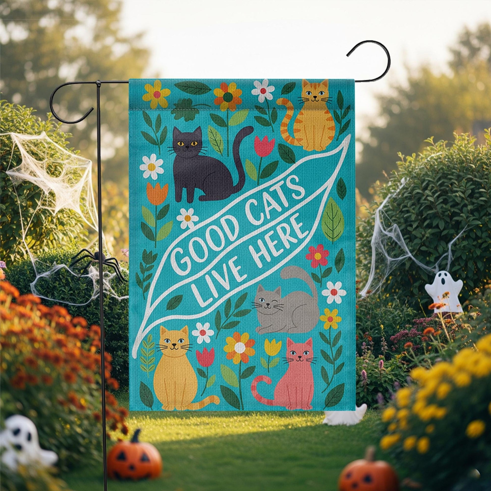 Good Cats Live Here Garden Flag – Colorful Outdoor Cat Decor for Yard or Porch, Cute Pet Lover House Flag with Flowers and Feline Friends