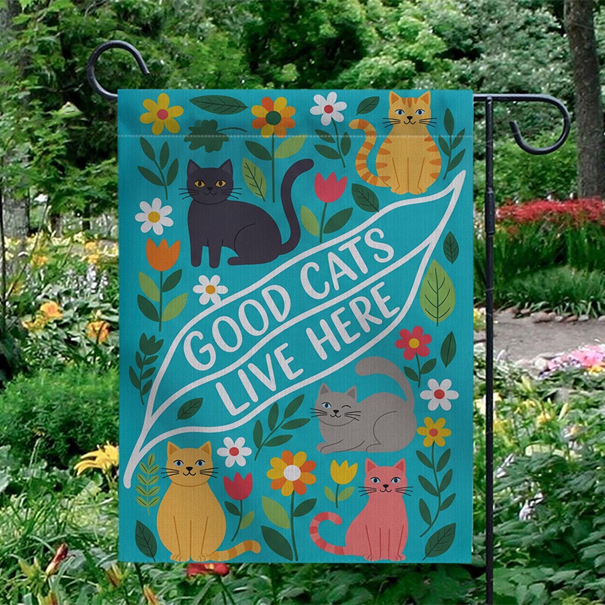 Good Cats Live Here Garden Flag – Colorful Outdoor Cat Decor for Yard or Porch, Cute Pet Lover House Flag with Flowers and Feline Friends
