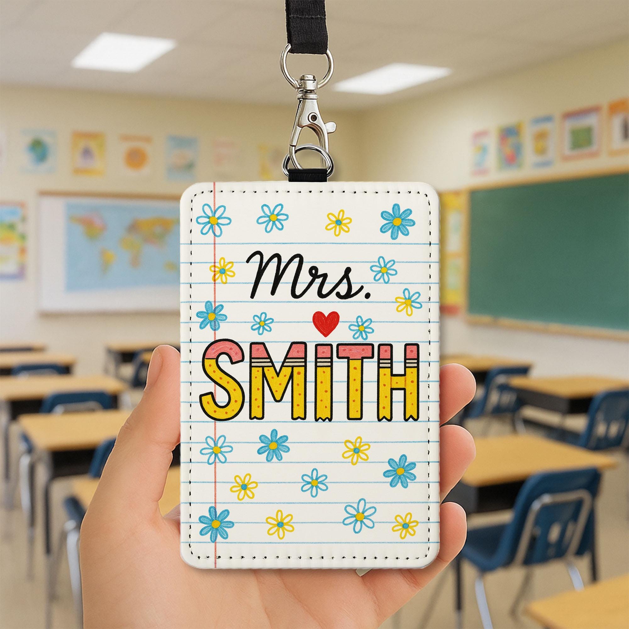 Teacher ID Badge Holder, Cute Floral Name Tag, Classroom Lanyard for Women, Personalized Teacher Gift, Back to School Accessory