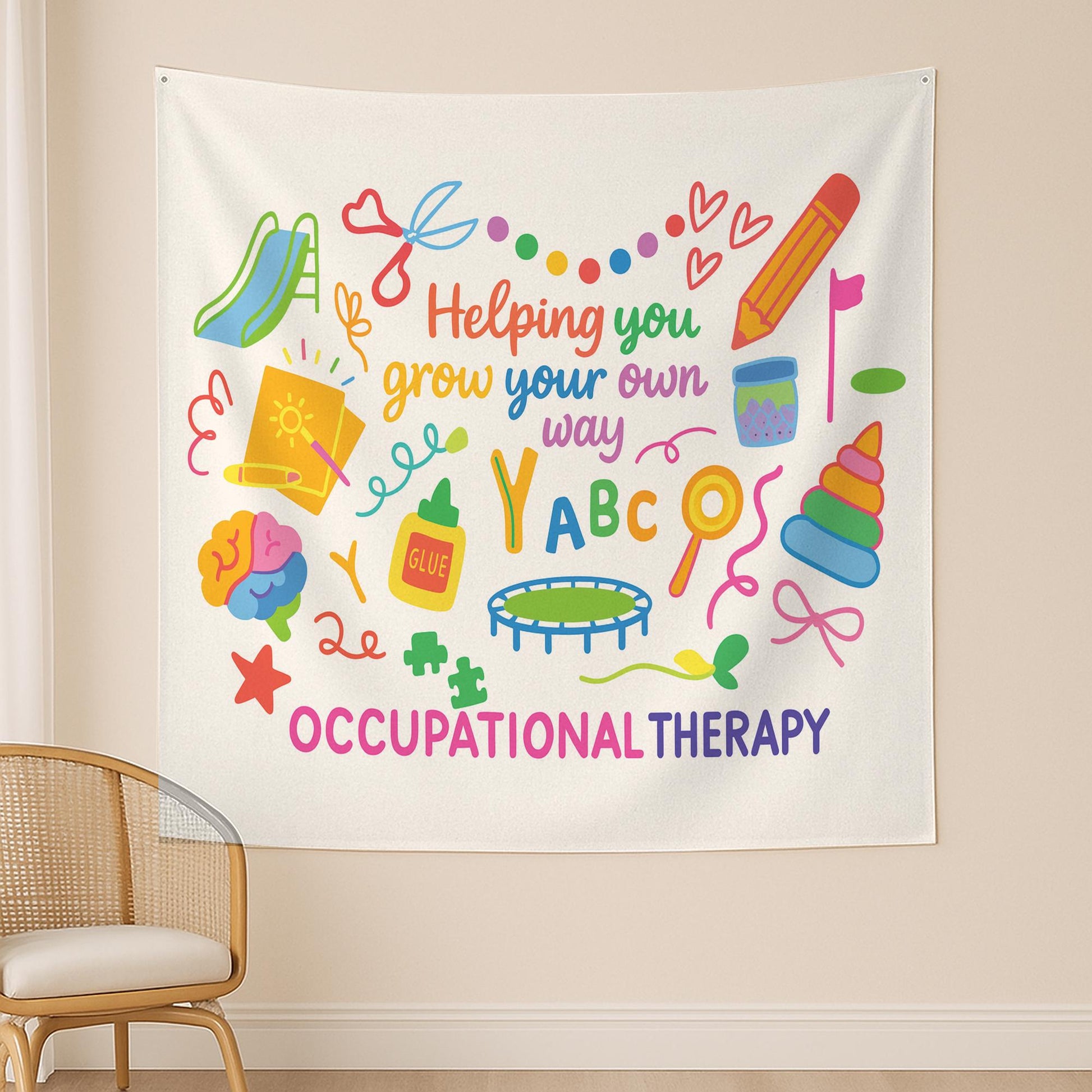 Occupational Therapy Tapestry – Colorful Pediatric OT Wall Decor – Helping You Grow Your Own Way Banner – Sensory Room or Classroom Art