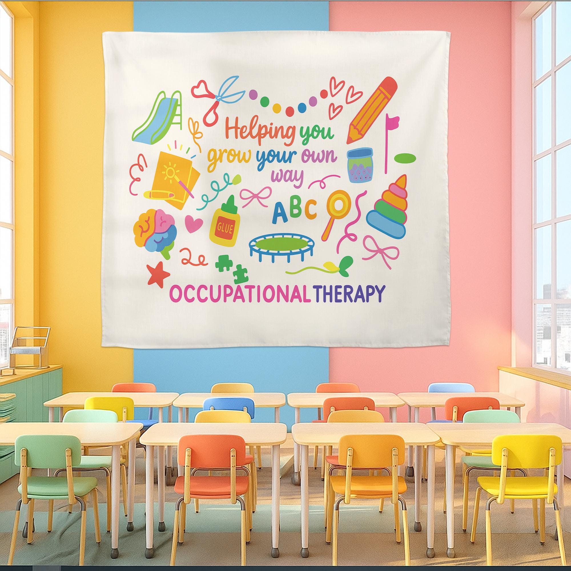 Occupational Therapy Tapestry – Colorful Pediatric OT Wall Decor – Helping You Grow Your Own Way Banner – Sensory Room or Classroom Art