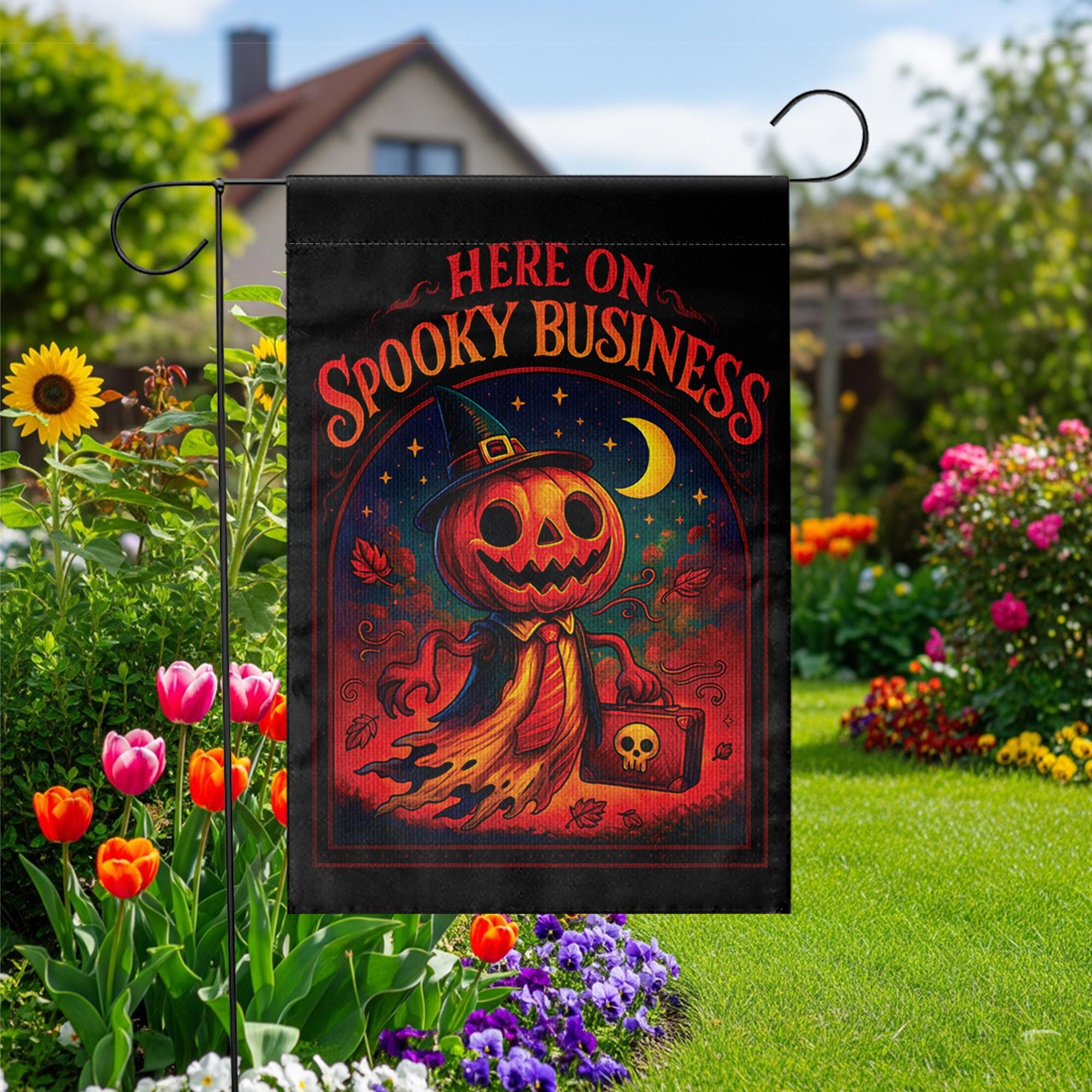 Spooky Business Halloween Garden Flag, Vintage Pumpkin Scarecrow Yard Decor, Retro Outdoor Banner, Fall Porch Decoration, Spooky Season Art