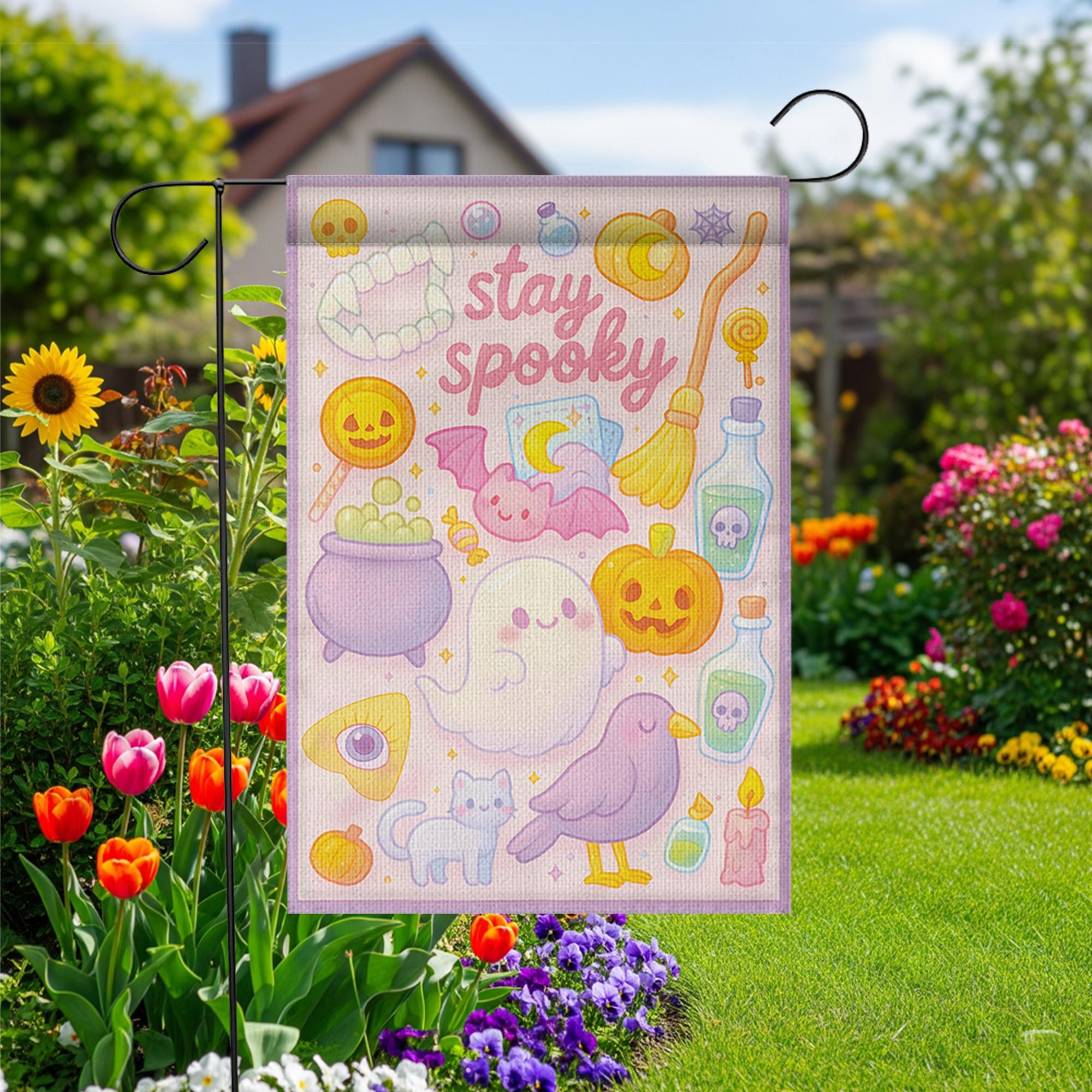 Pastel Halloween Garden Flag, Cute "Stay Spooky" Ghost Yard Banner, Kawaii Witchy Outdoor Decor, Spooky Season Housewarming Gift