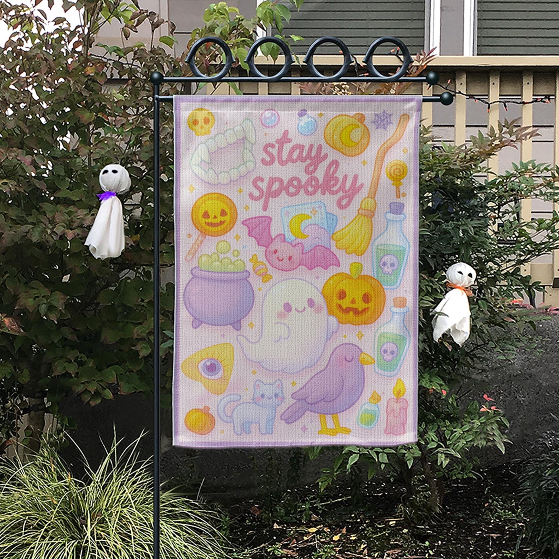 Pastel Halloween Garden Flag, Cute "Stay Spooky" Ghost Yard Banner, Kawaii Witchy Outdoor Decor, Spooky Season Housewarming Gift