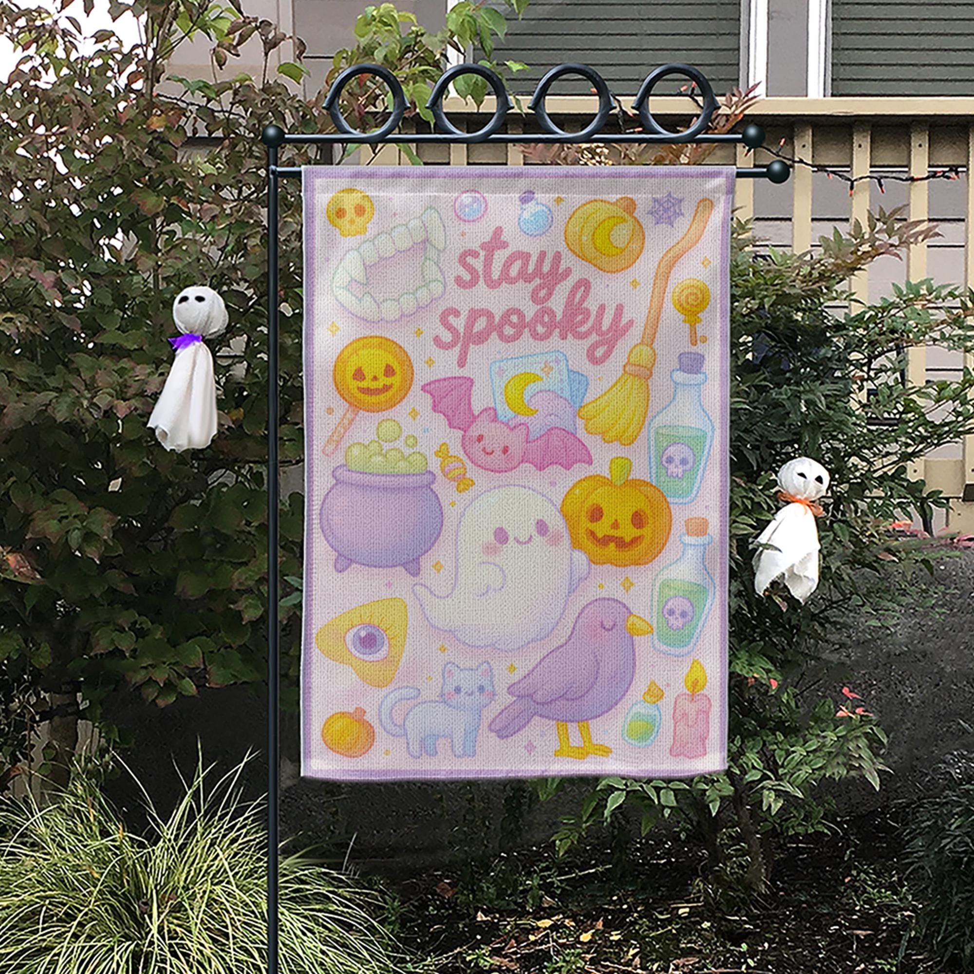 Pastel Halloween Garden Flag, Cute "Stay Spooky" Ghost Yard Banner, Kawaii Witchy Outdoor Decor, Spooky Season Housewarming Gift
