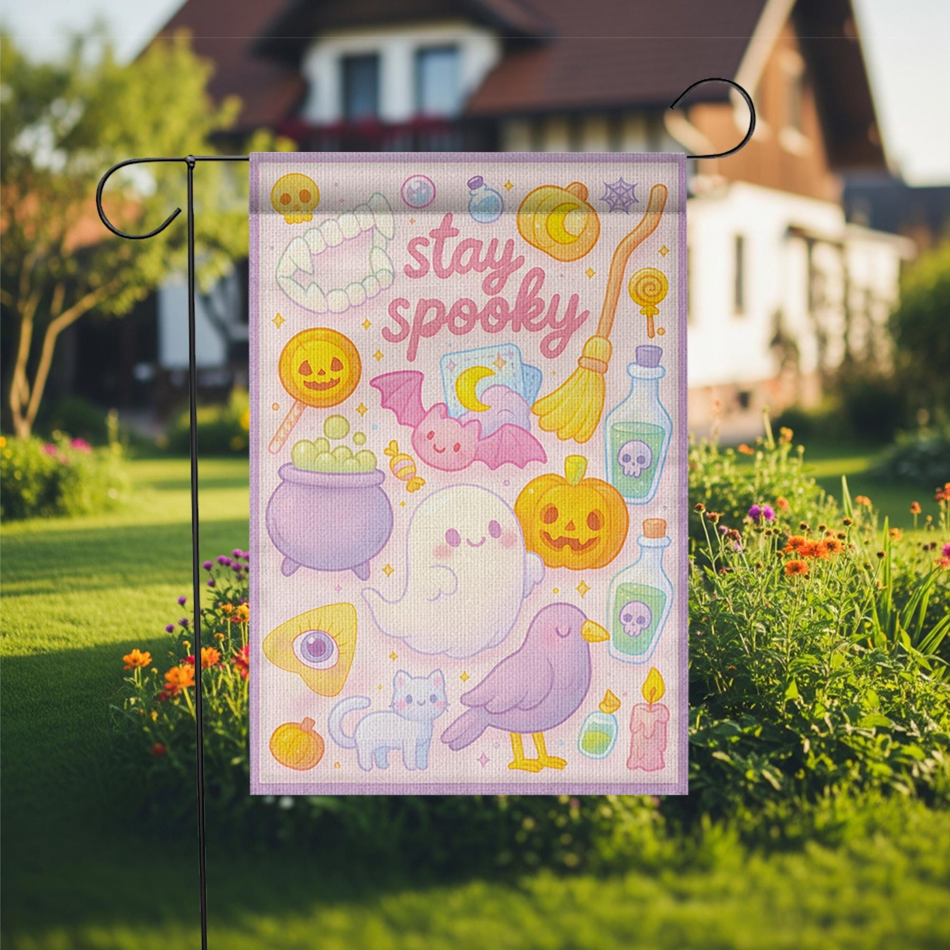 Pastel Halloween Garden Flag, Cute "Stay Spooky" Ghost Yard Banner, Kawaii Witchy Outdoor Decor, Spooky Season Housewarming Gift