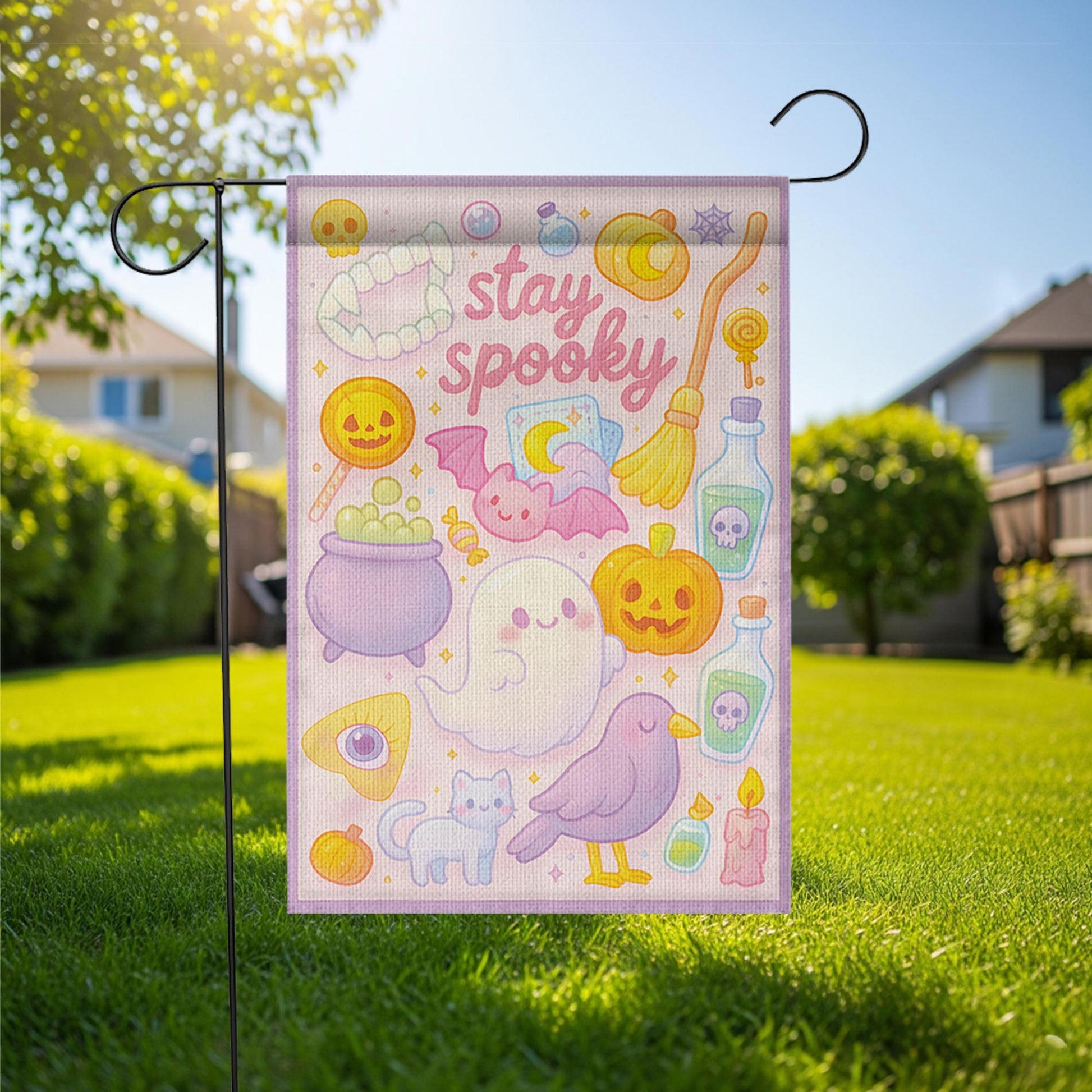 Pastel Halloween Garden Flag, Cute "Stay Spooky" Ghost Yard Banner, Kawaii Witchy Outdoor Decor, Spooky Season Housewarming Gift