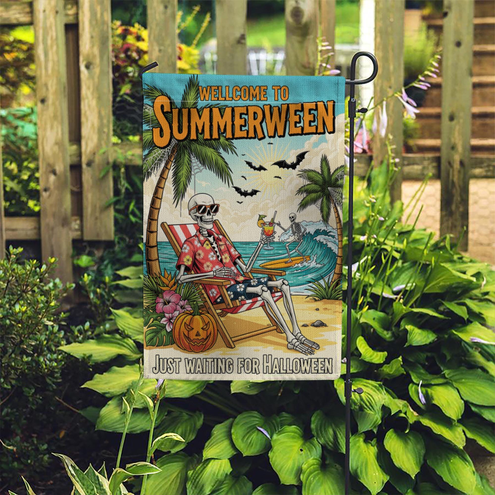 Summerween Garden Flag, Skeleton Beach Decor, Funny Halloween in July Banner, Spooky Tropical Yard Art, Waiting for Halloween Gift
