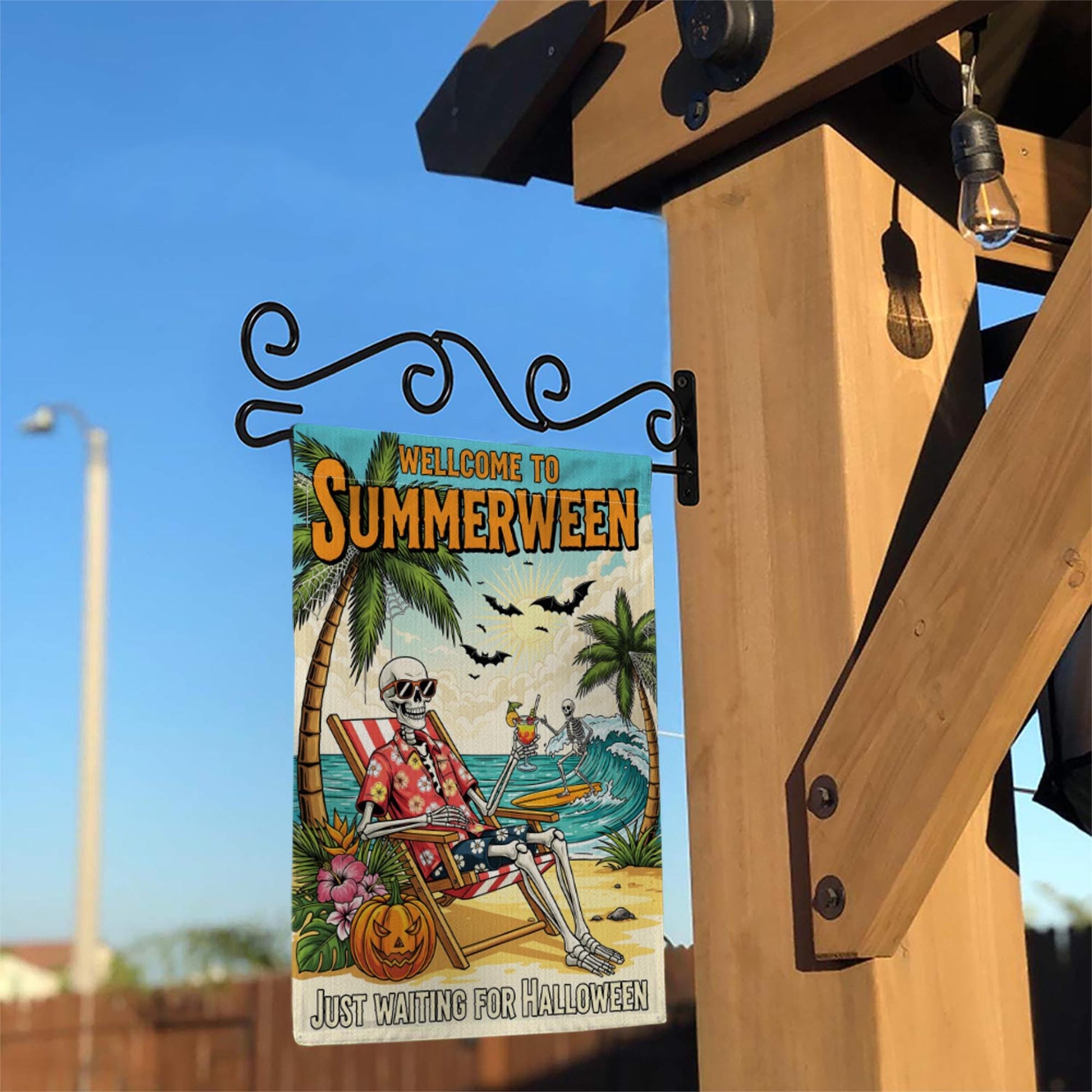 Summerween Garden Flag, Skeleton Beach Decor, Funny Halloween in July Banner, Spooky Tropical Yard Art, Waiting for Halloween Gift