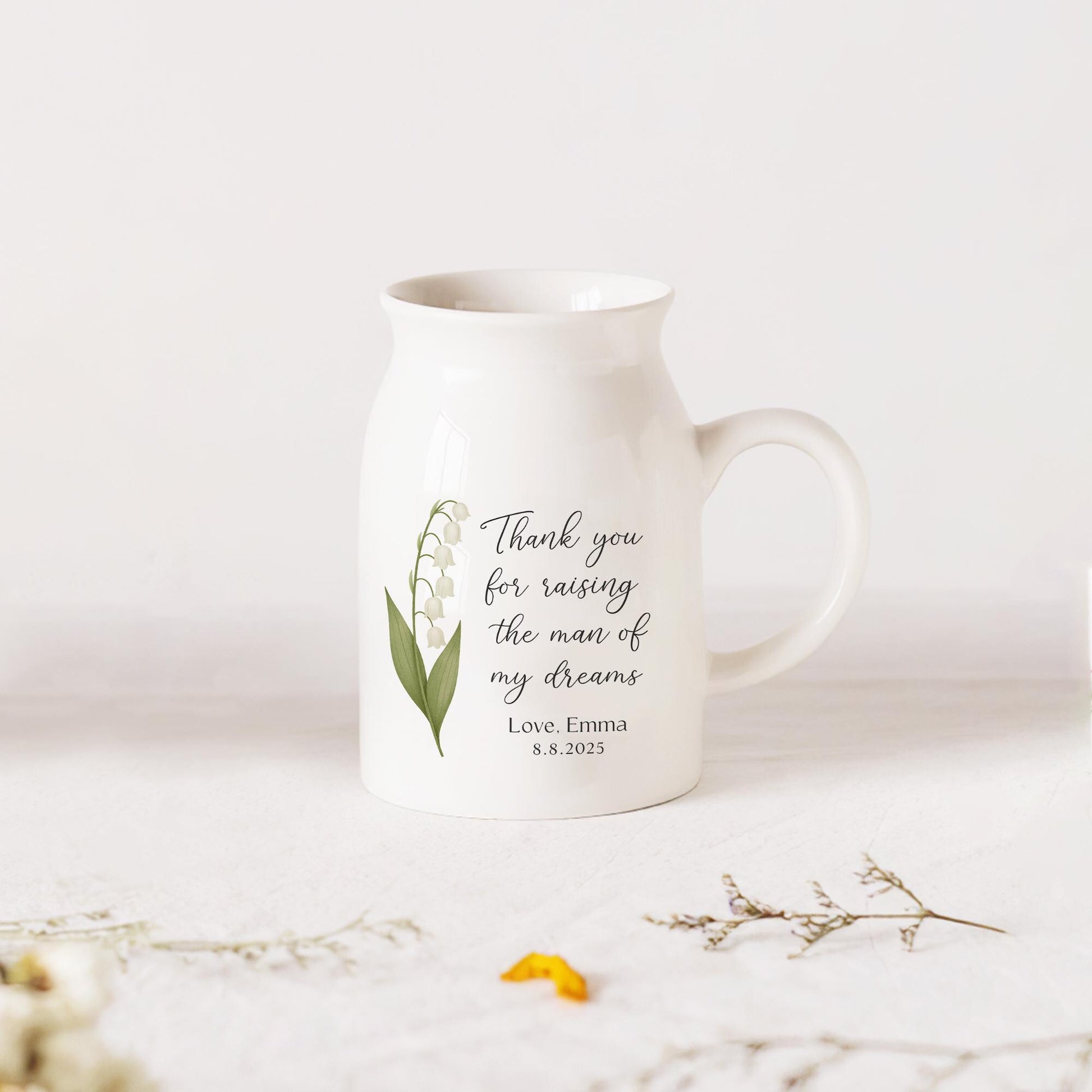 Custom Wedding Thank You Vase – Personalized Birth Flower Gift for Mother of the Groom – Ceramic Keepsake with Name & Date – Bride Gift Idea
