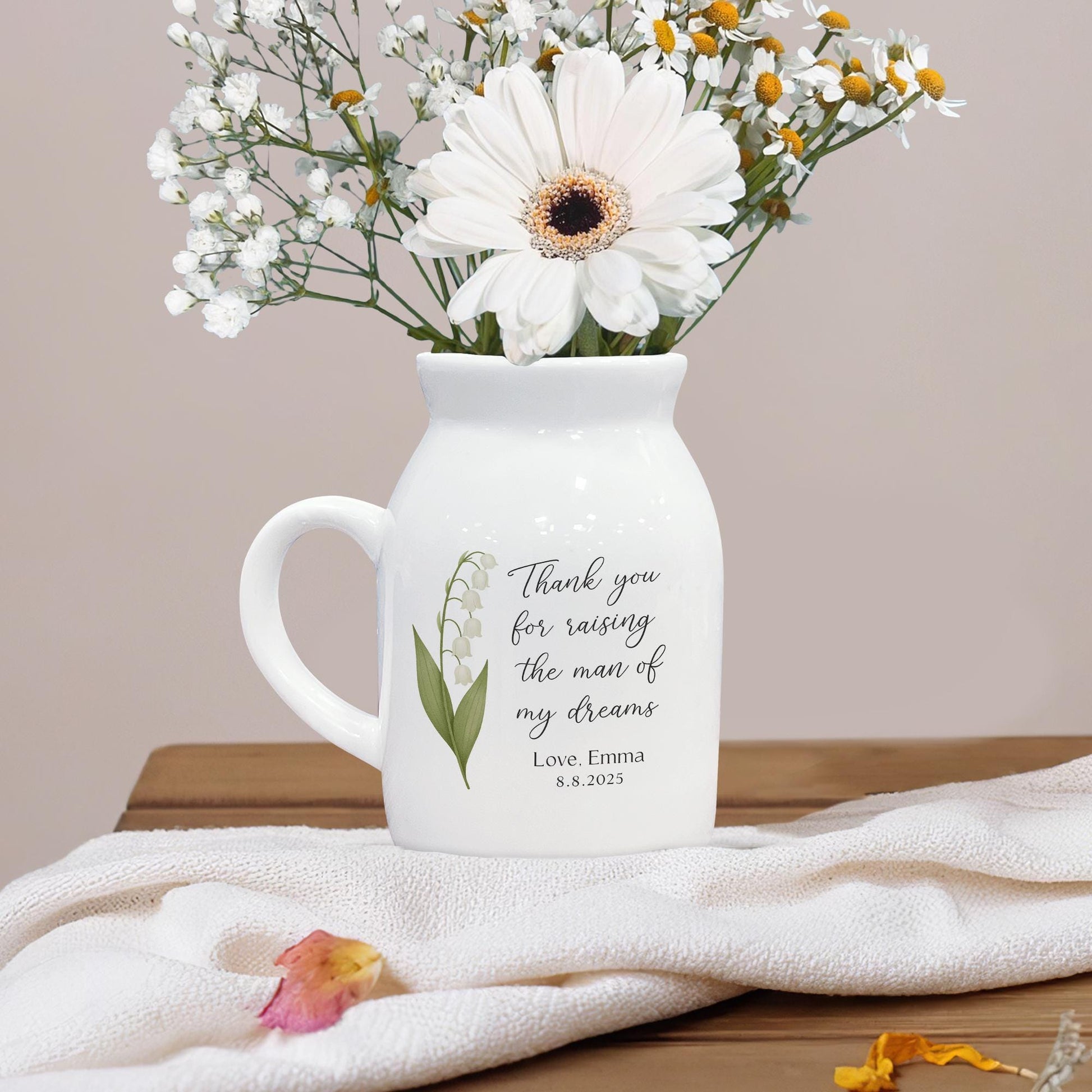 Custom Wedding Thank You Vase – Personalized Birth Flower Gift for Mother of the Groom – Ceramic Keepsake with Name & Date – Bride Gift Idea