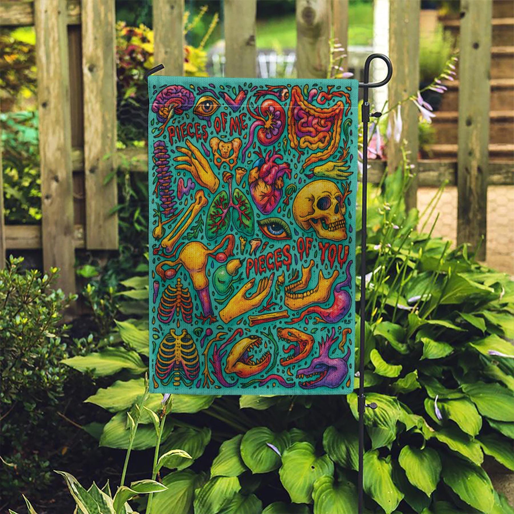 Psychedelic Anatomy Halloween Flag, Macabre Skull & Heart Garden Decor, Trippy Goth Horror Art, Spooky Medical Illustration Yard Banner