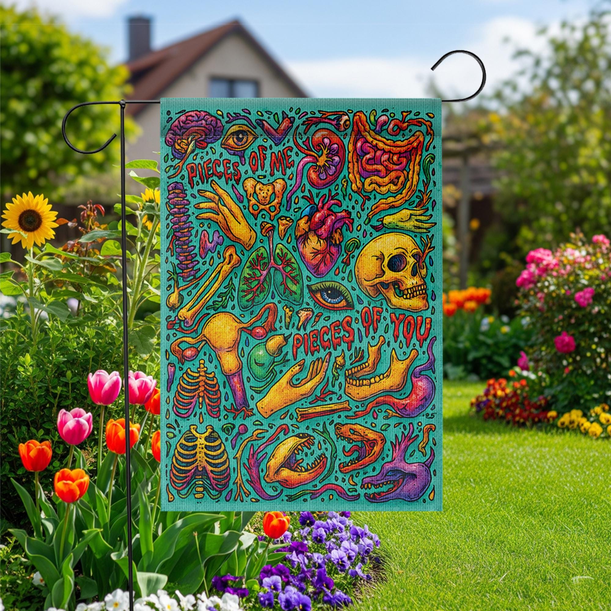 Psychedelic Anatomy Halloween Flag, Macabre Skull & Heart Garden Decor, Trippy Goth Horror Art, Spooky Medical Illustration Yard Banner