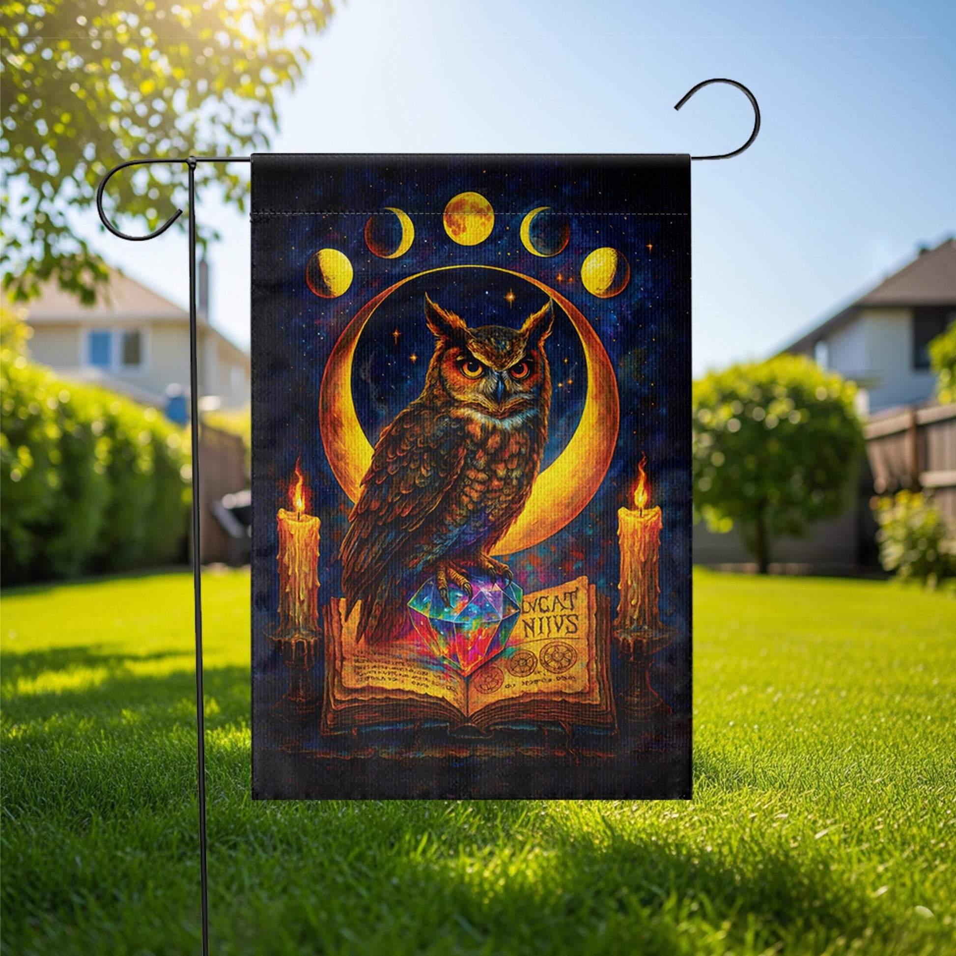 Witchy Owl Celestial Moon Phases Garden Flag, Wiccan Grimoire Magic Banner, Pagan Halloween Decor, Mystical Witchcraft Yard Art