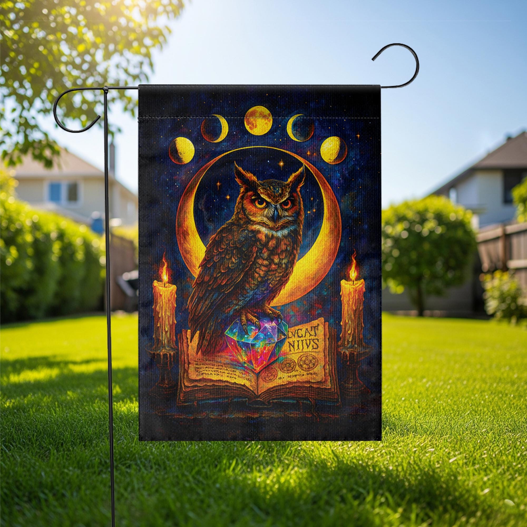 Witchy Owl Celestial Moon Phases Garden Flag, Wiccan Grimoire Magic Banner, Pagan Halloween Decor, Mystical Witchcraft Yard Art