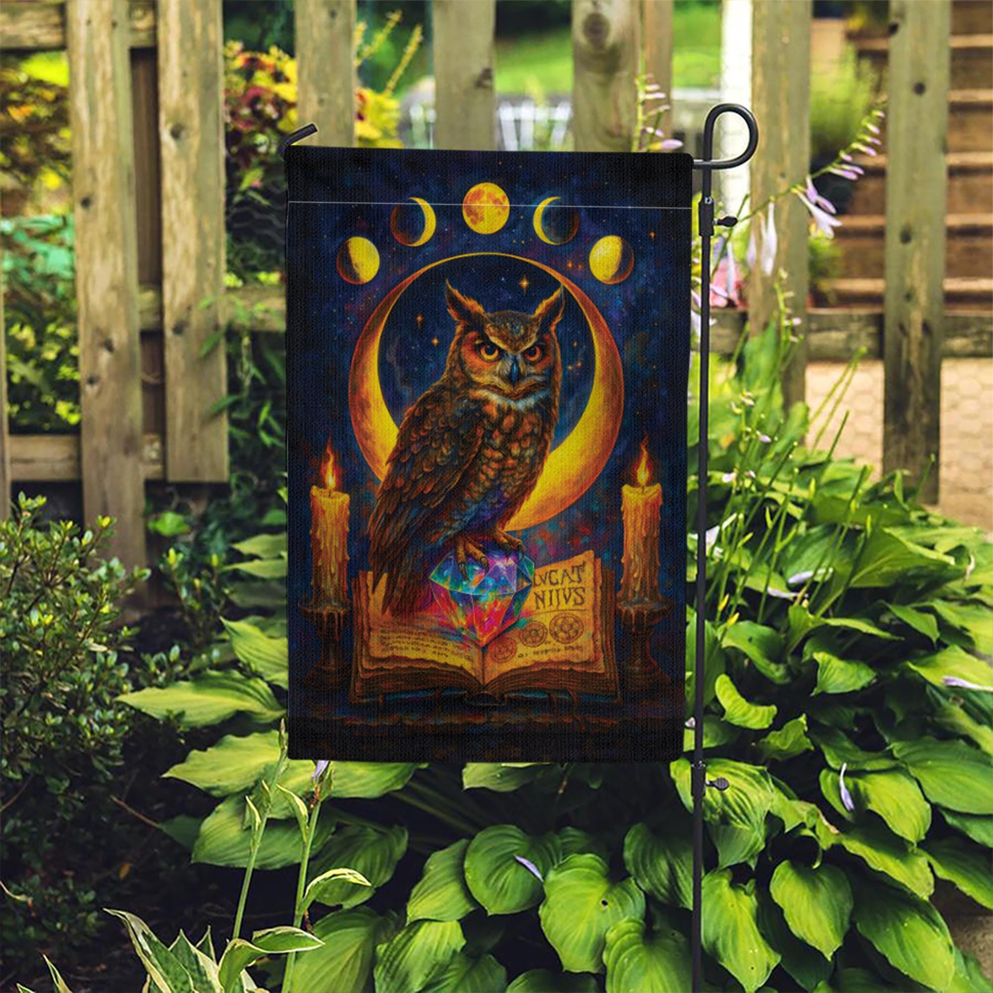 Witchy Owl Celestial Moon Phases Garden Flag, Wiccan Grimoire Magic Banner, Pagan Halloween Decor, Mystical Witchcraft Yard Art