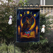 Witchy Owl Celestial Moon Phases Garden Flag, Wiccan Grimoire Magic Banner, Pagan Halloween Decor, Mystical Witchcraft Yard Art