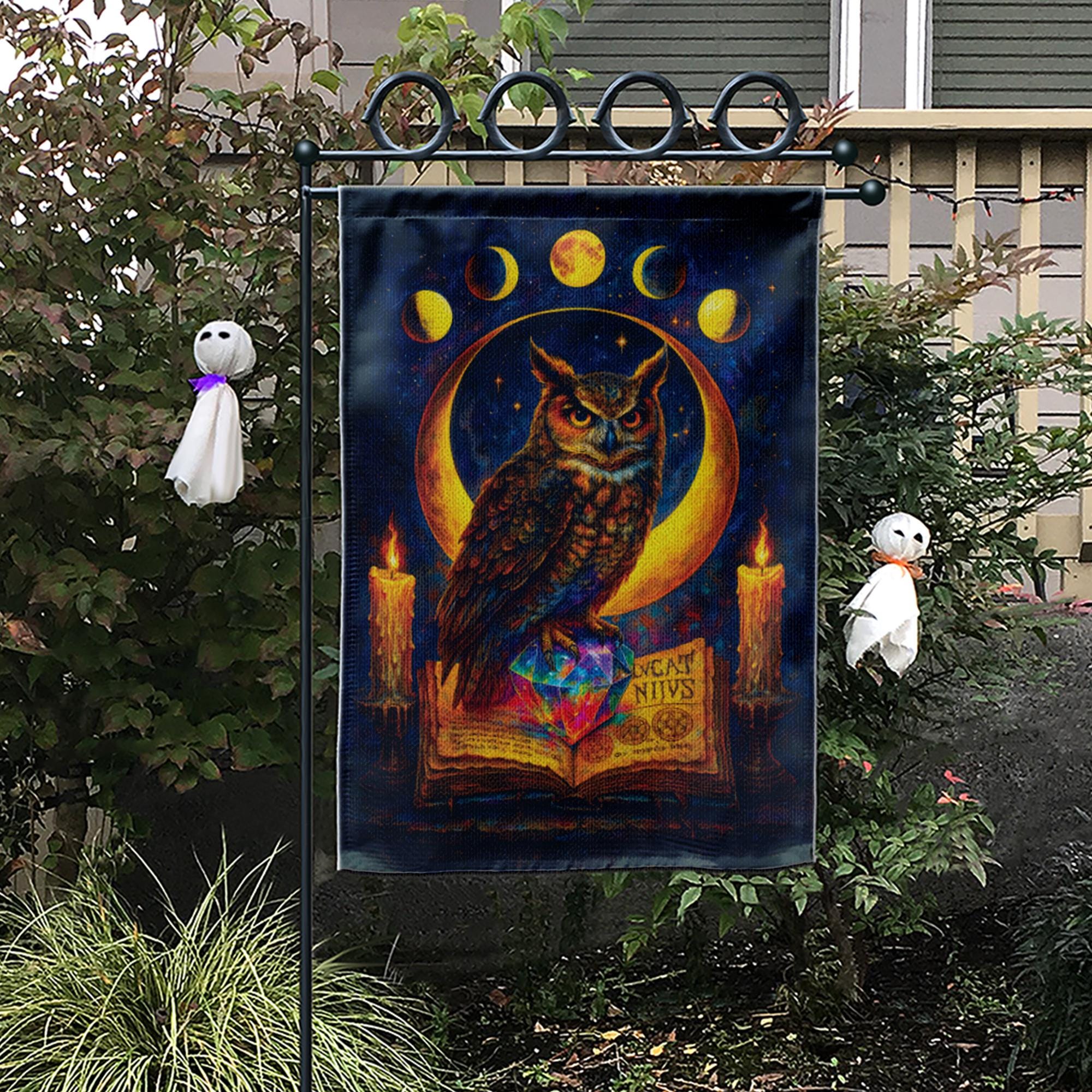 Witchy Owl Celestial Moon Phases Garden Flag, Wiccan Grimoire Magic Banner, Pagan Halloween Decor, Mystical Witchcraft Yard Art