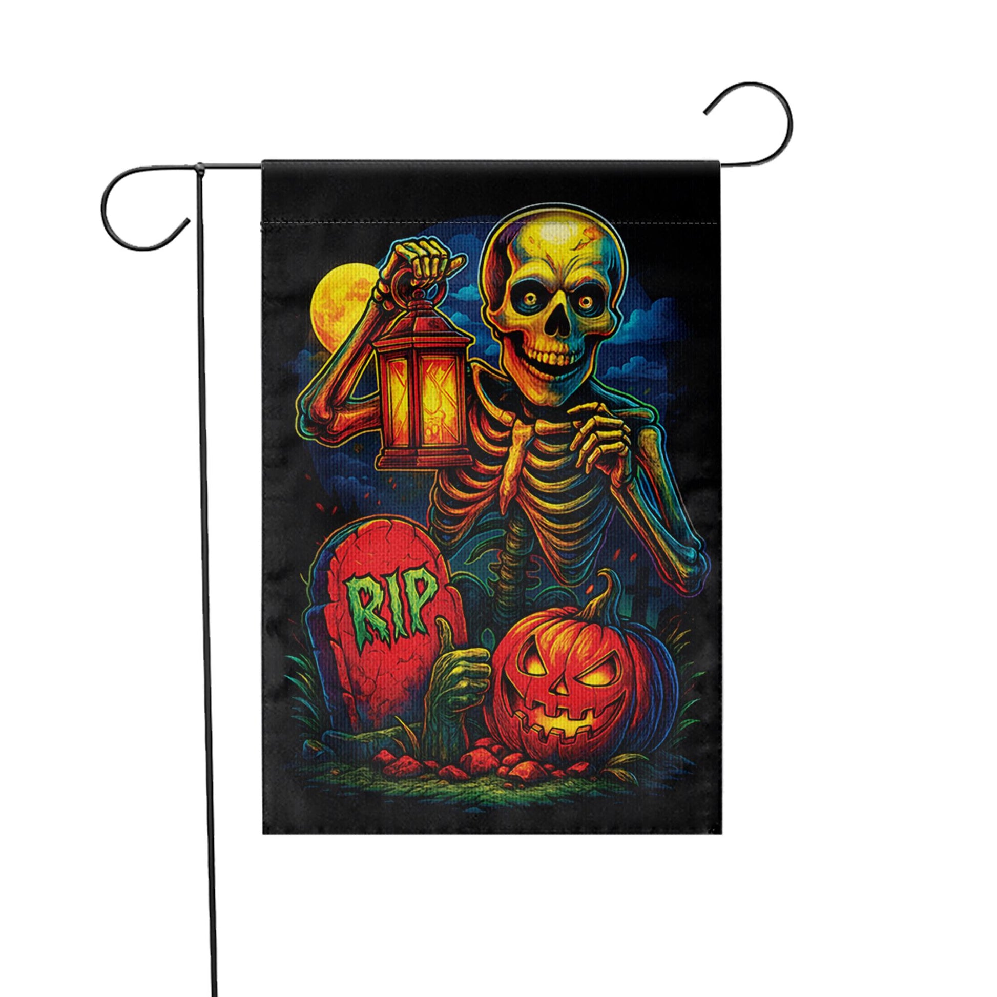 Spooky Skeleton & Pumpkin Garden Flag, Halloween Yard Decor, RIP Graveyard Jack o' Lantern, Colorful Outdoor Decoration for Porch Lawn