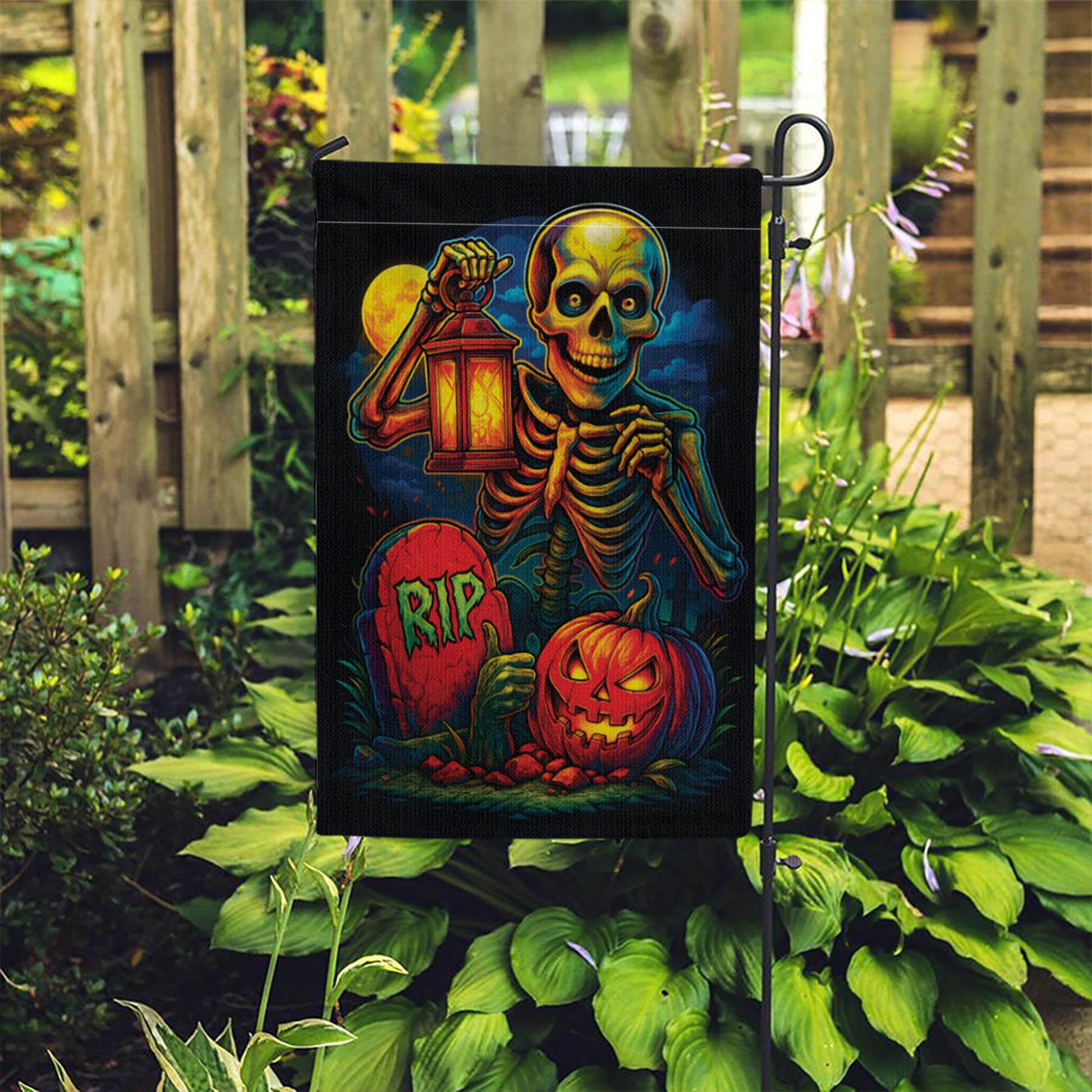 Spooky Skeleton & Pumpkin Garden Flag, Halloween Yard Decor, RIP Graveyard Jack o' Lantern, Colorful Outdoor Decoration for Porch Lawn