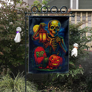 Spooky Skeleton & Pumpkin Garden Flag, Halloween Yard Decor, RIP Graveyard Jack o' Lantern, Colorful Outdoor Decoration for Porch Lawn