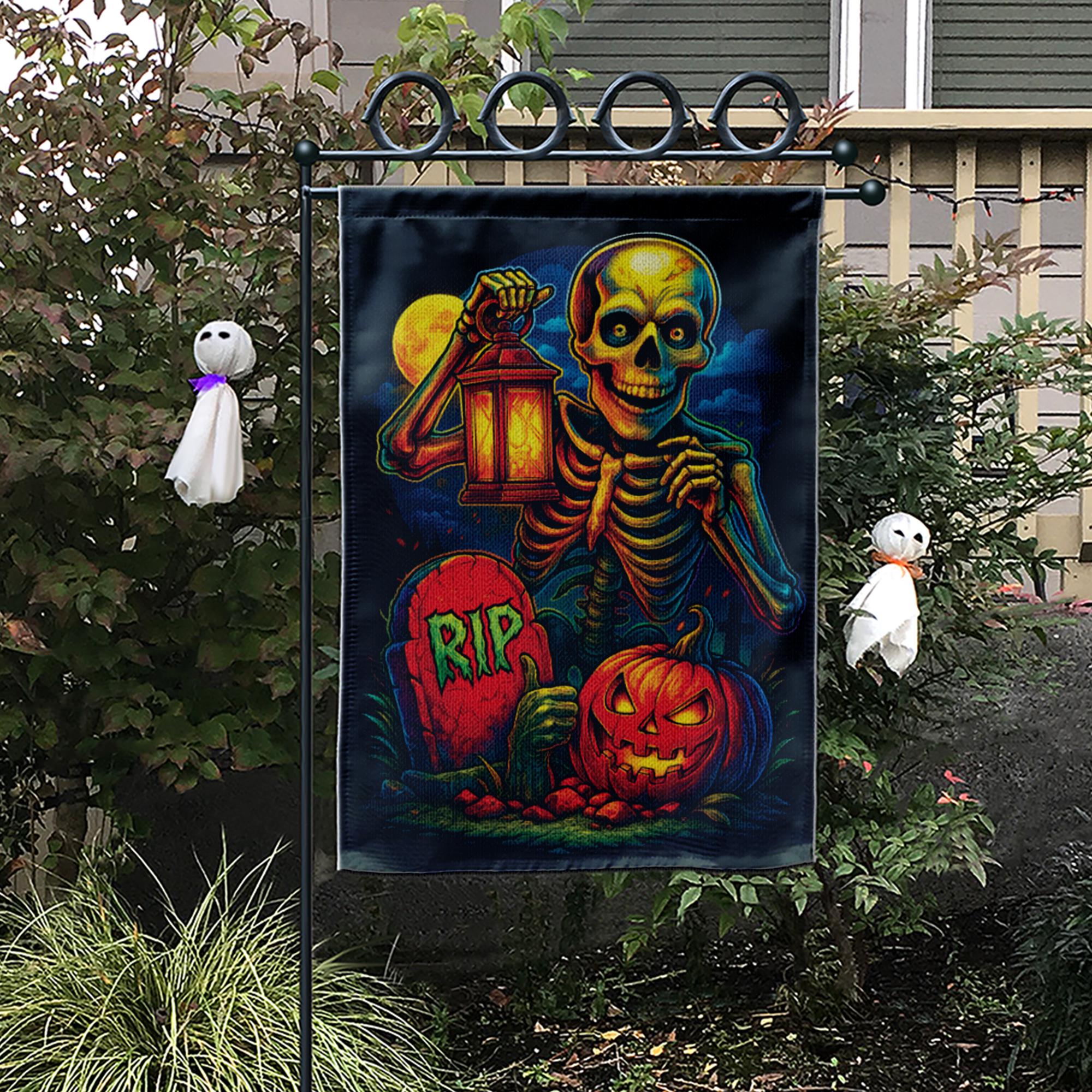 Spooky Skeleton & Pumpkin Garden Flag, Halloween Yard Decor, RIP Graveyard Jack o' Lantern, Colorful Outdoor Decoration for Porch Lawn