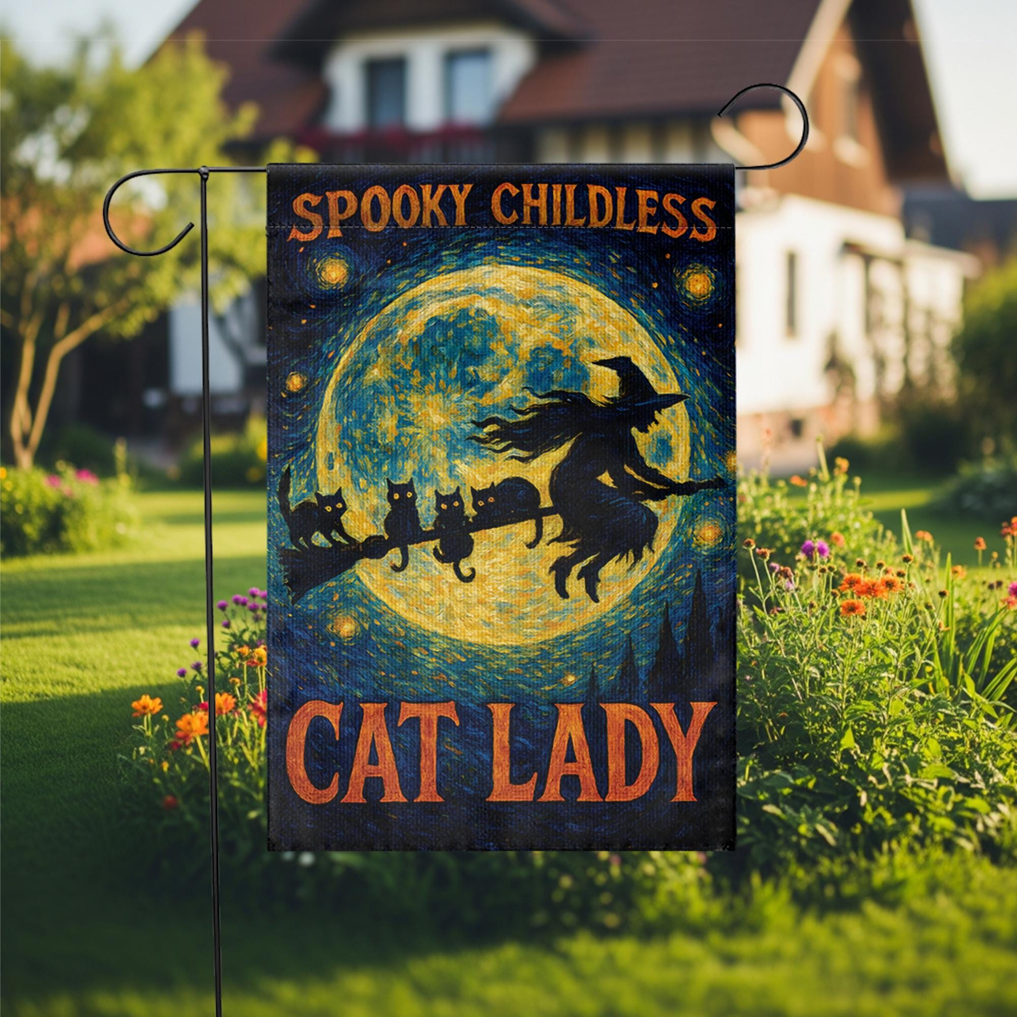 Spooky Childless Cat Lady Flag, Funny Halloween Garden Decor, Witch and Black Cat Yard Banner, Witchy Woman Gift, Spooky Porch Decor