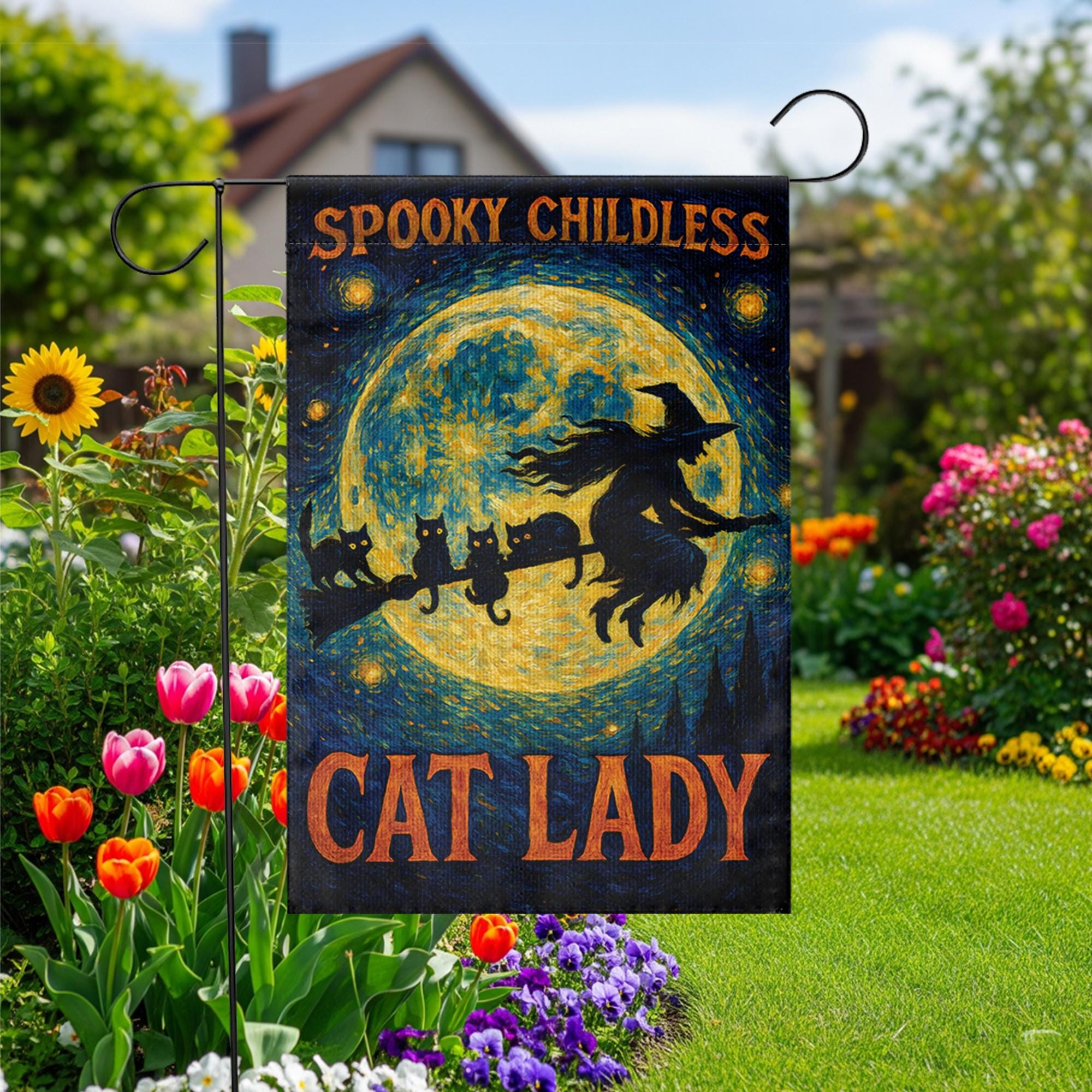 Spooky Childless Cat Lady Flag, Funny Halloween Garden Decor, Witch and Black Cat Yard Banner, Witchy Woman Gift, Spooky Porch Decor