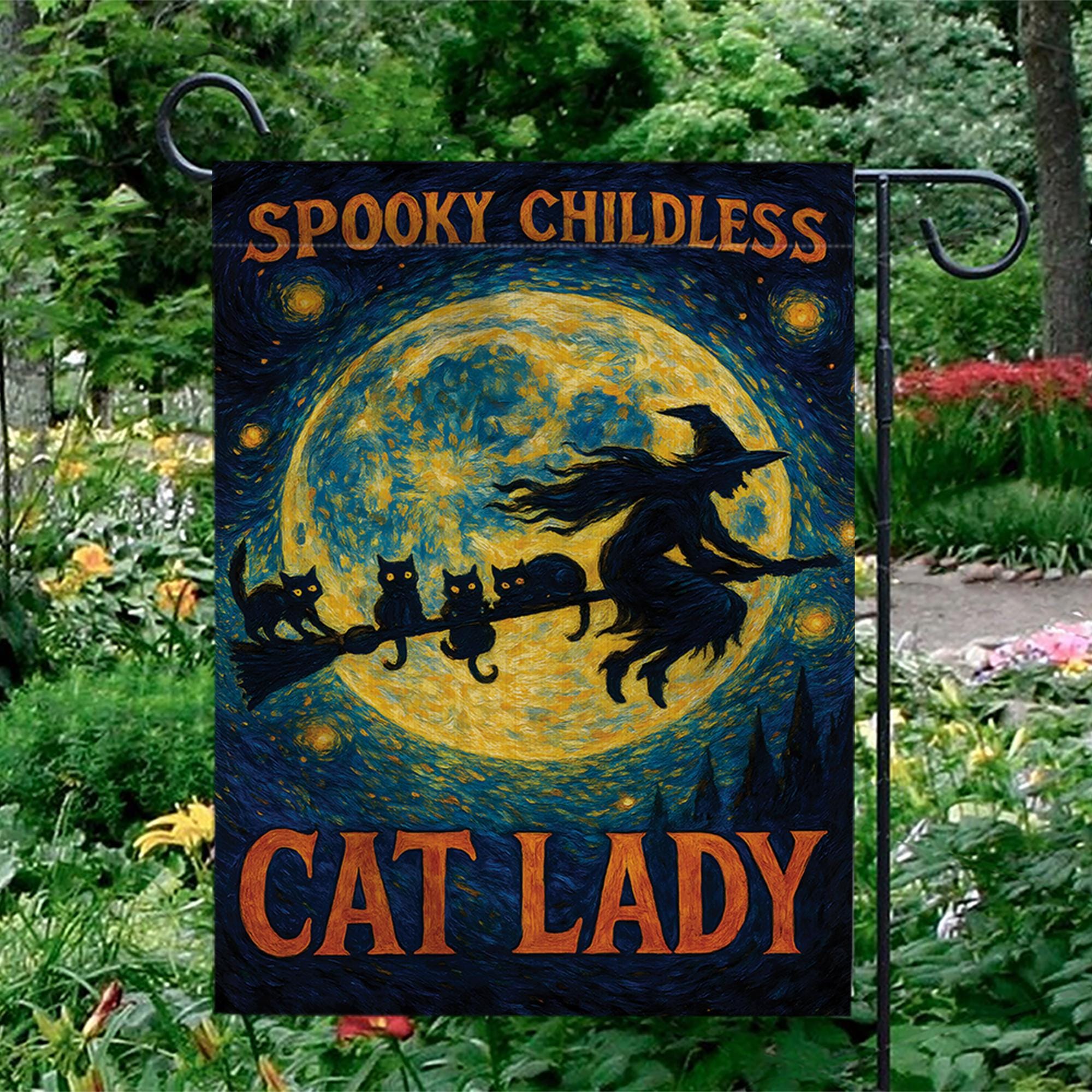 Spooky Childless Cat Lady Flag, Funny Halloween Garden Decor, Witch and Black Cat Yard Banner, Witchy Woman Gift, Spooky Porch Decor