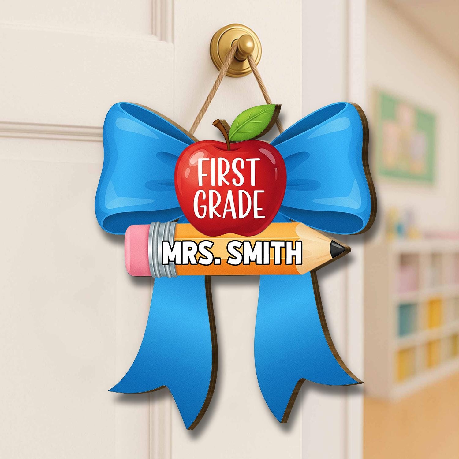 Custom Grade Teacher Door Sign, Custom Classroom Name Tag, Apple Pencil Blue Bow Decor, Back to School Teacher Gift, School Decor Sign