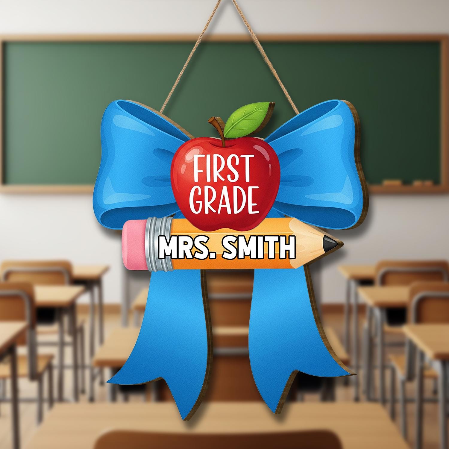 Custom Grade Teacher Door Sign, Custom Classroom Name Tag, Apple Pencil Blue Bow Decor, Back to School Teacher Gift, School Decor Sign