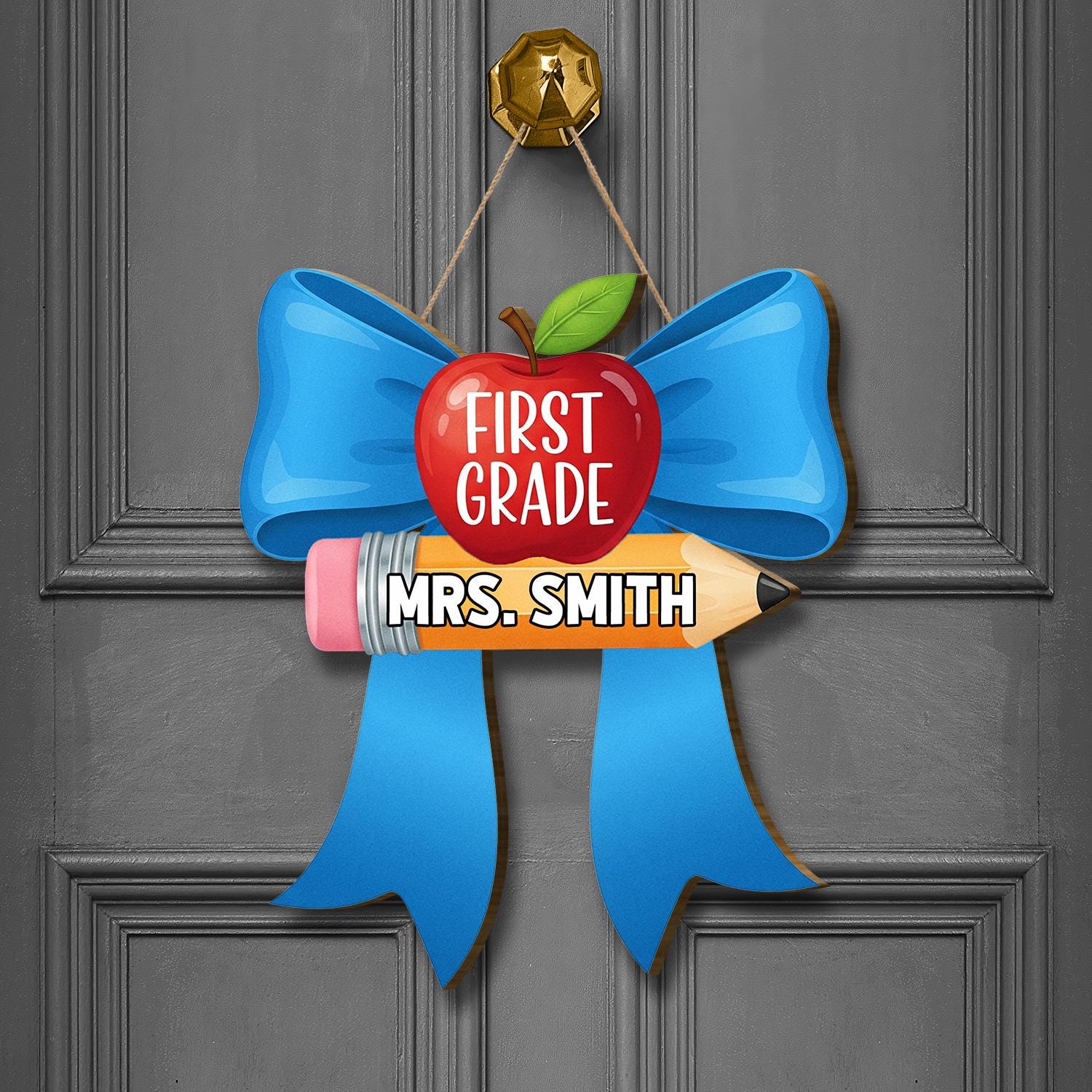 Custom Grade Teacher Door Sign, Custom Classroom Name Tag, Apple Pencil Blue Bow Decor, Back to School Teacher Gift, School Decor Sign