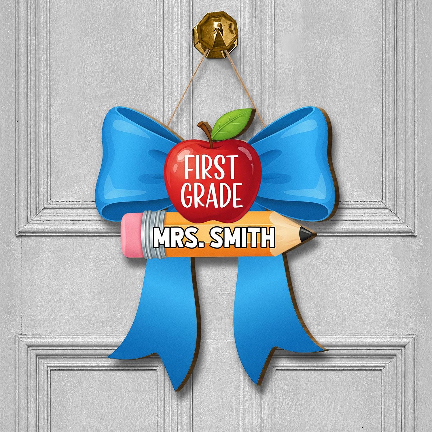 Custom Grade Teacher Door Sign, Custom Classroom Name Tag, Apple Pencil Blue Bow Decor, Back to School Teacher Gift, School Decor Sign