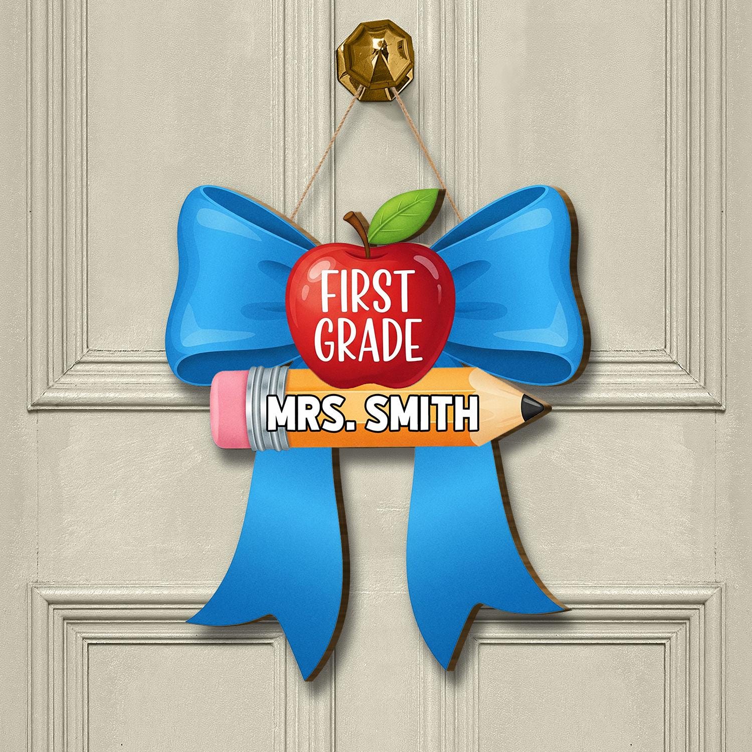 Custom Grade Teacher Door Sign, Custom Classroom Name Tag, Apple Pencil Blue Bow Decor, Back to School Teacher Gift, School Decor Sign