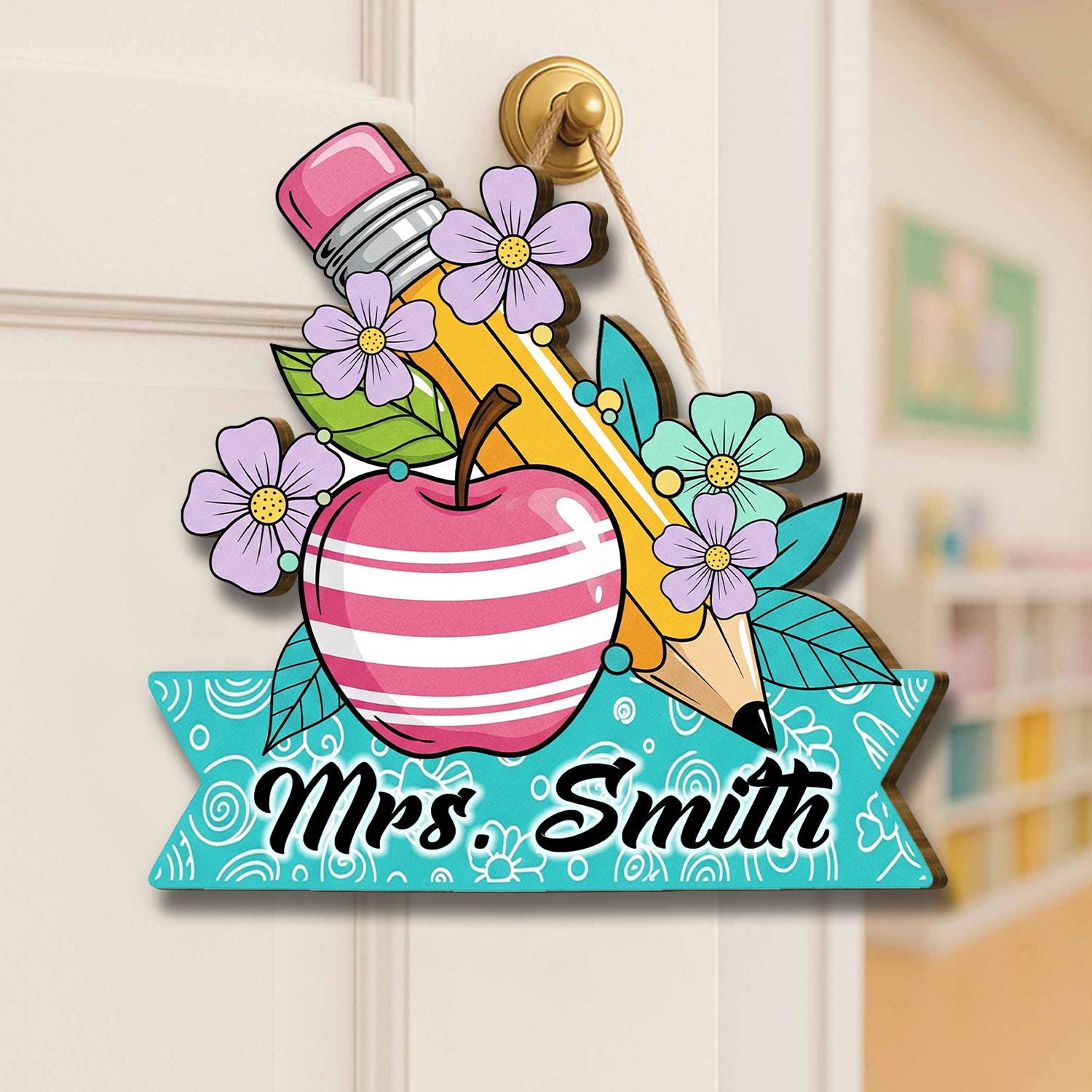Teacher Door Sign with Name, Floral Apple Pencil Classroom Decor, Custom Teacher Gift, Back to School Welcome Plaque,Custom Gift For Teacher