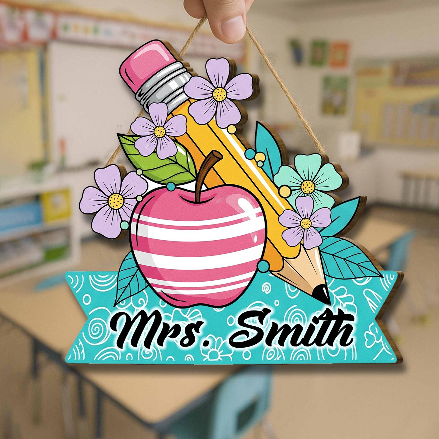Teacher Door Sign with Name, Floral Apple Pencil Classroom Decor, Custom Teacher Gift, Back to School Welcome Plaque,Custom Gift For Teacher