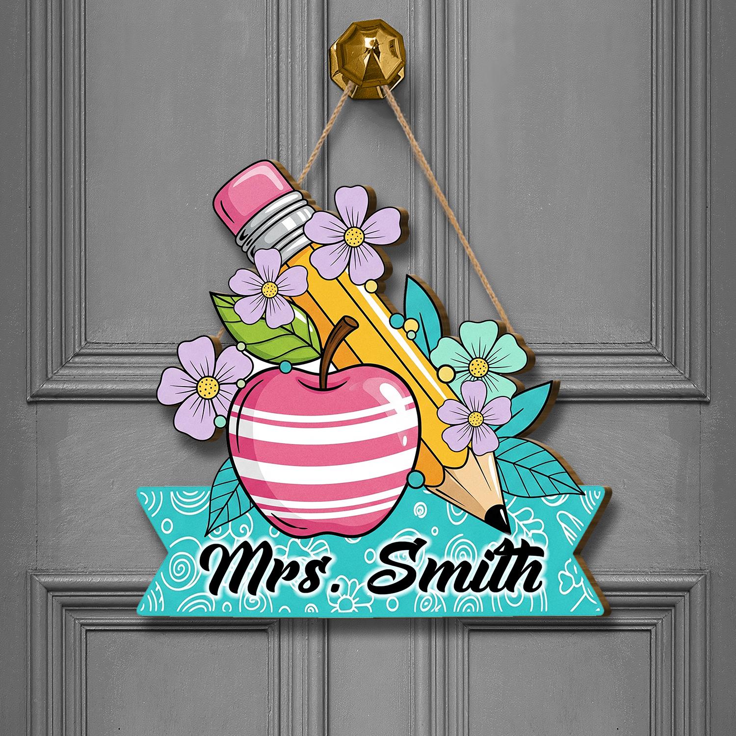 Teacher Door Sign with Name, Floral Apple Pencil Classroom Decor, Custom Teacher Gift, Back to School Welcome Plaque,Custom Gift For Teacher