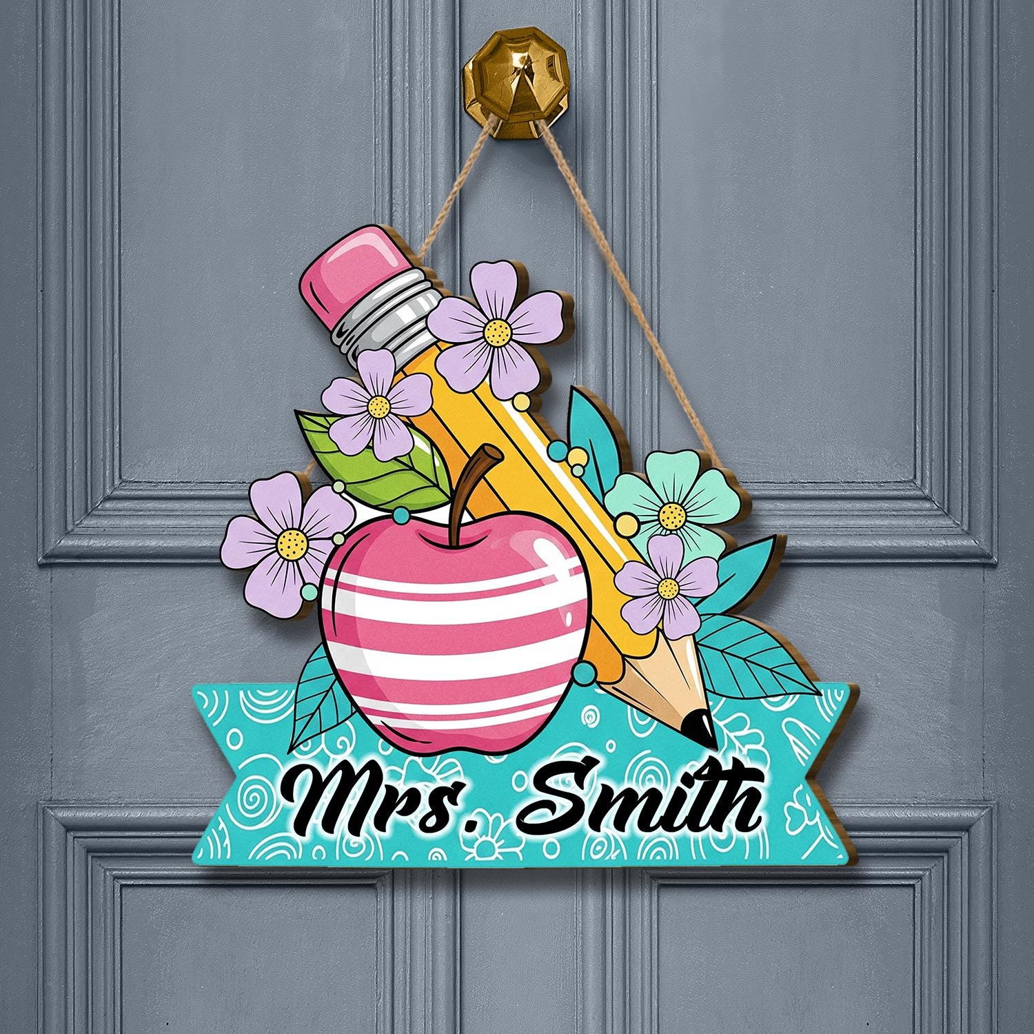 Teacher Door Sign with Name, Floral Apple Pencil Classroom Decor, Custom Teacher Gift, Back to School Welcome Plaque,Custom Gift For Teacher