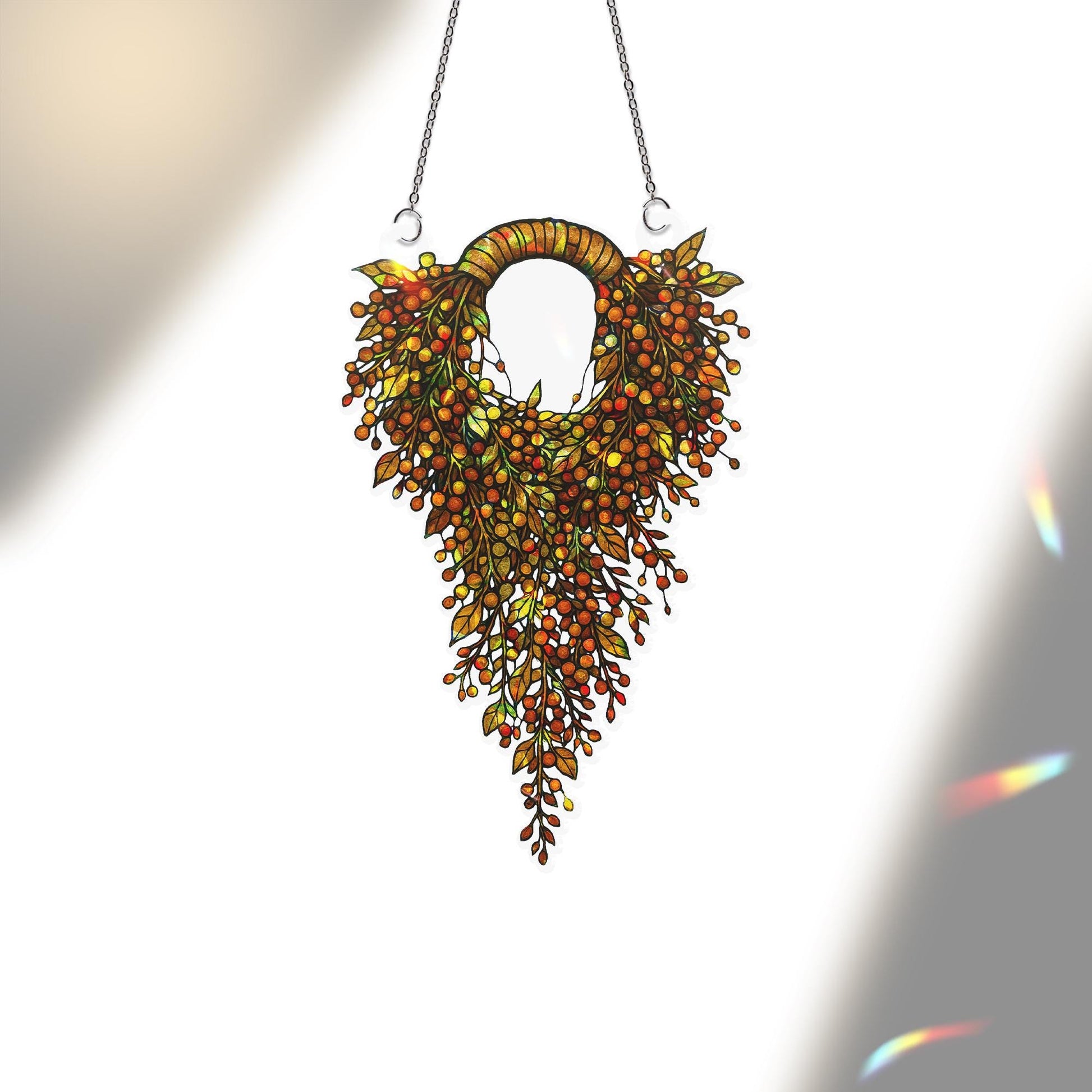 Autumn Wreath Suncatcher – Holographic Faux Stained Glass Window Decor – Fall Hanging Leaf Ornament – Colorful Acrylic Sun Catcher Gift