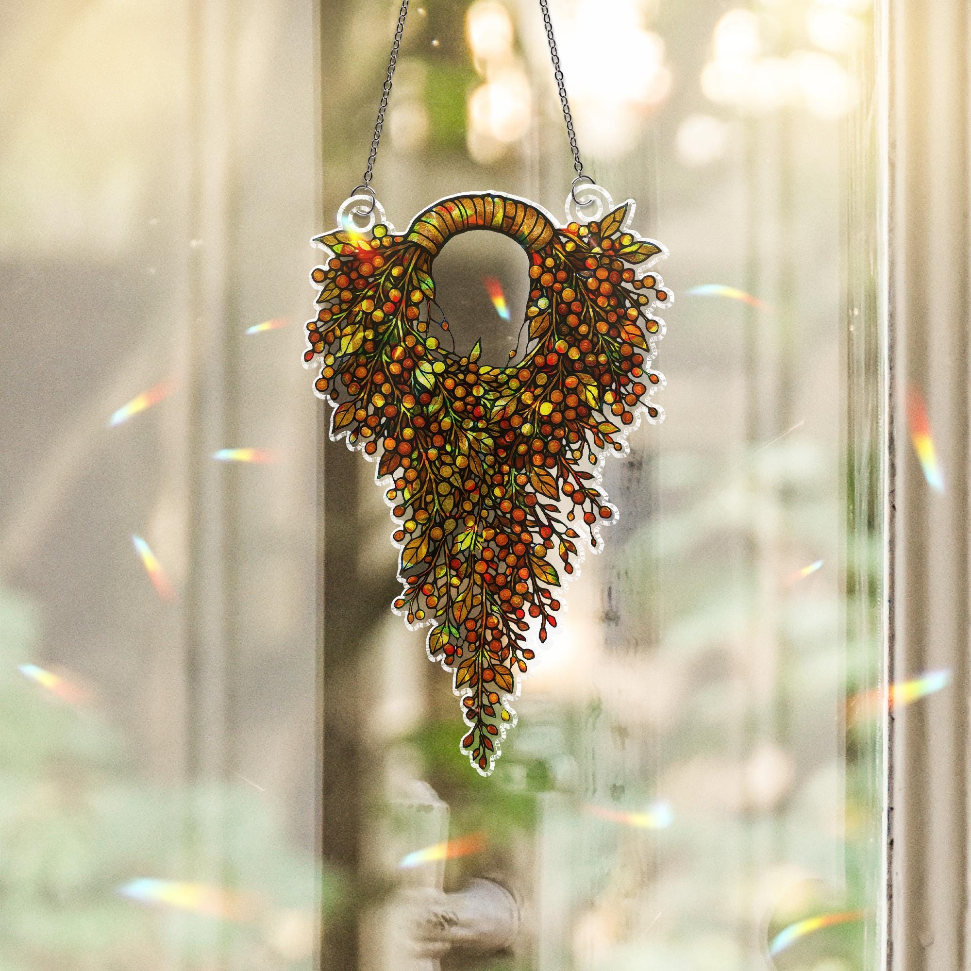 Autumn Wreath Suncatcher – Holographic Faux Stained Glass Window Decor – Fall Hanging Leaf Ornament – Colorful Acrylic Sun Catcher Gift