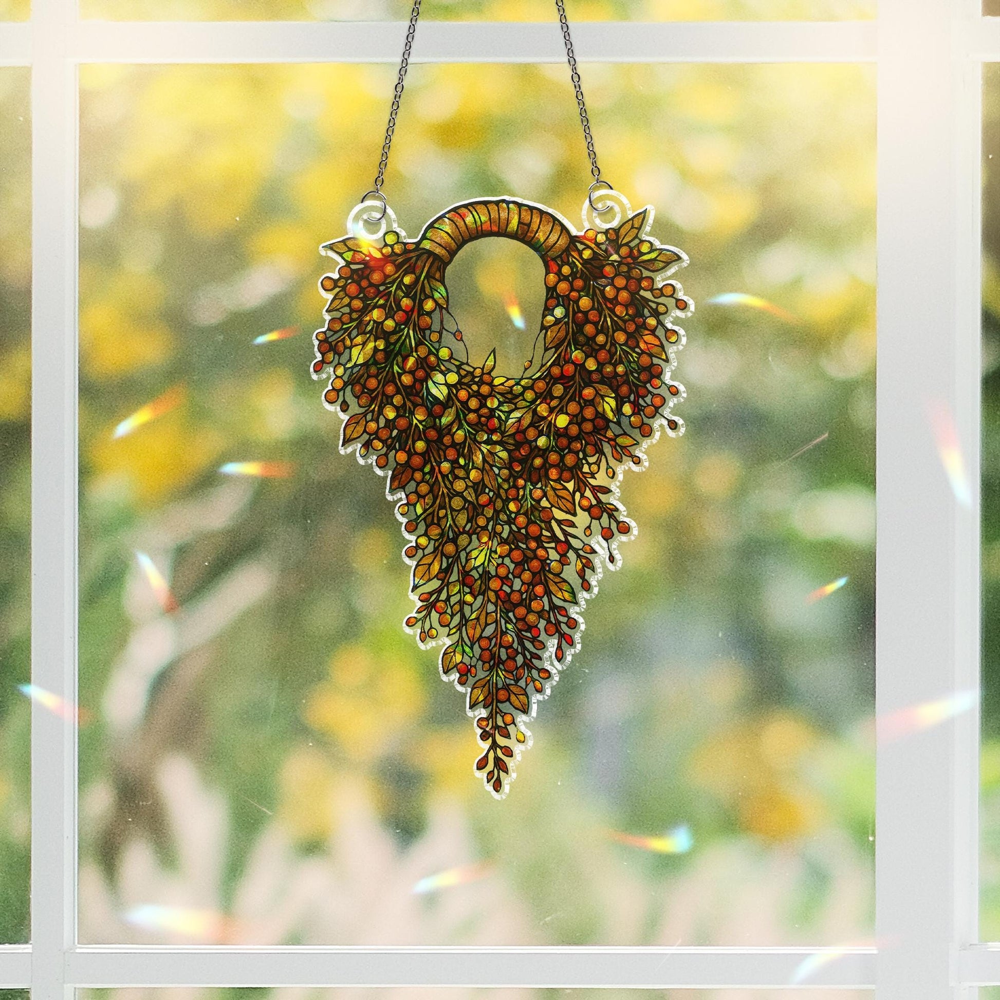 Autumn Wreath Suncatcher – Holographic Faux Stained Glass Window Decor – Fall Hanging Leaf Ornament – Colorful Acrylic Sun Catcher Gift