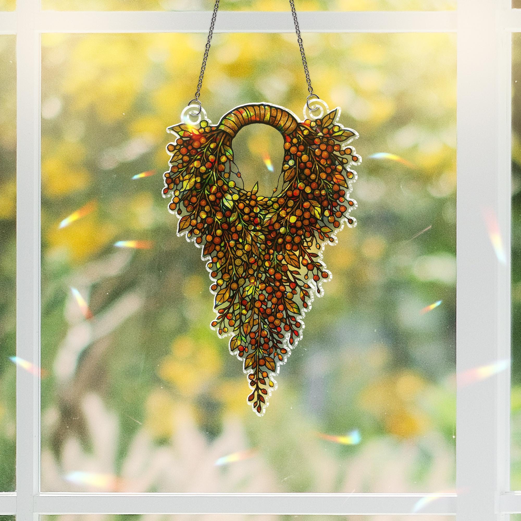Autumn Wreath Suncatcher – Holographic Faux Stained Glass Window Decor – Fall Hanging Leaf Ornament – Colorful Acrylic Sun Catcher Gift