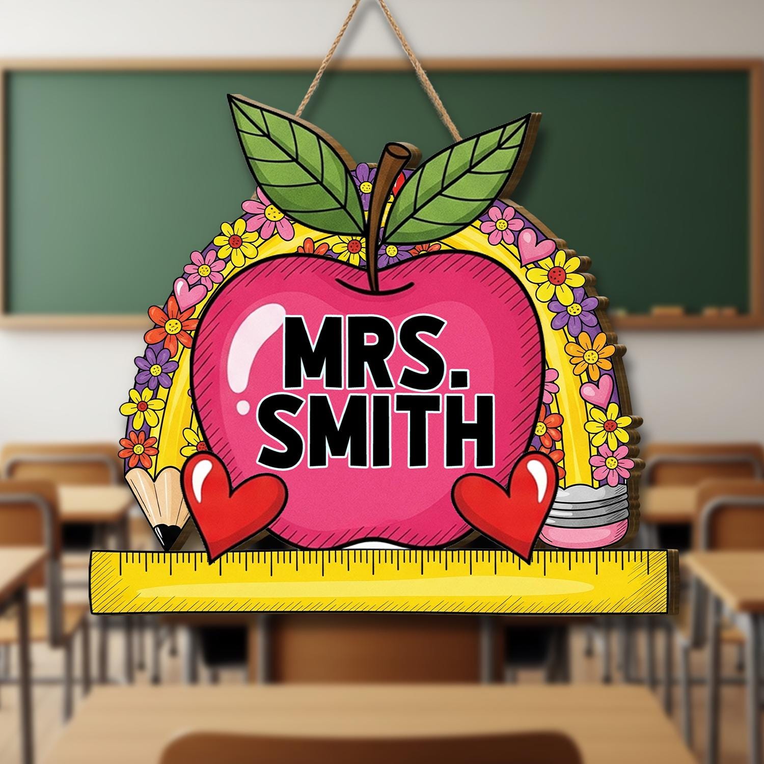 Custom Teacher Door Sign, Rainbow Apple Classroom Name Tag, Personalized Teacher Gift, Back to School Wall Decor, Classroom Decor Custom